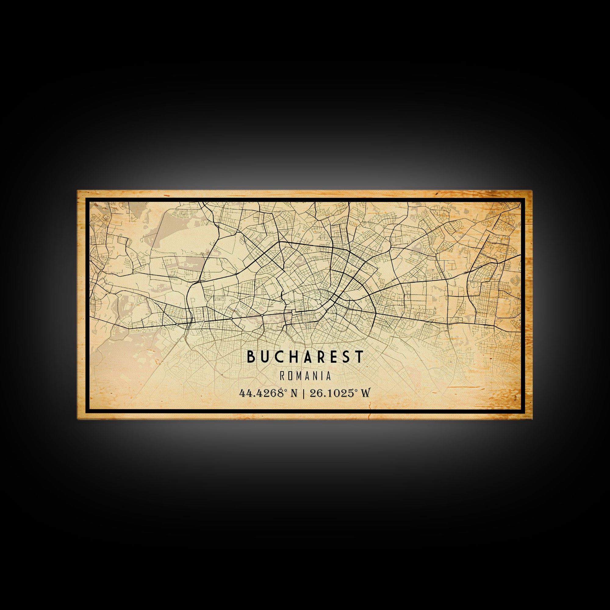 Vintage Style Bucharest City Map Wall Art Canvas Print, Distressed Bucharest Map, Framed Wall Art, Cool RomaniaTravel Wall Art, Office Art