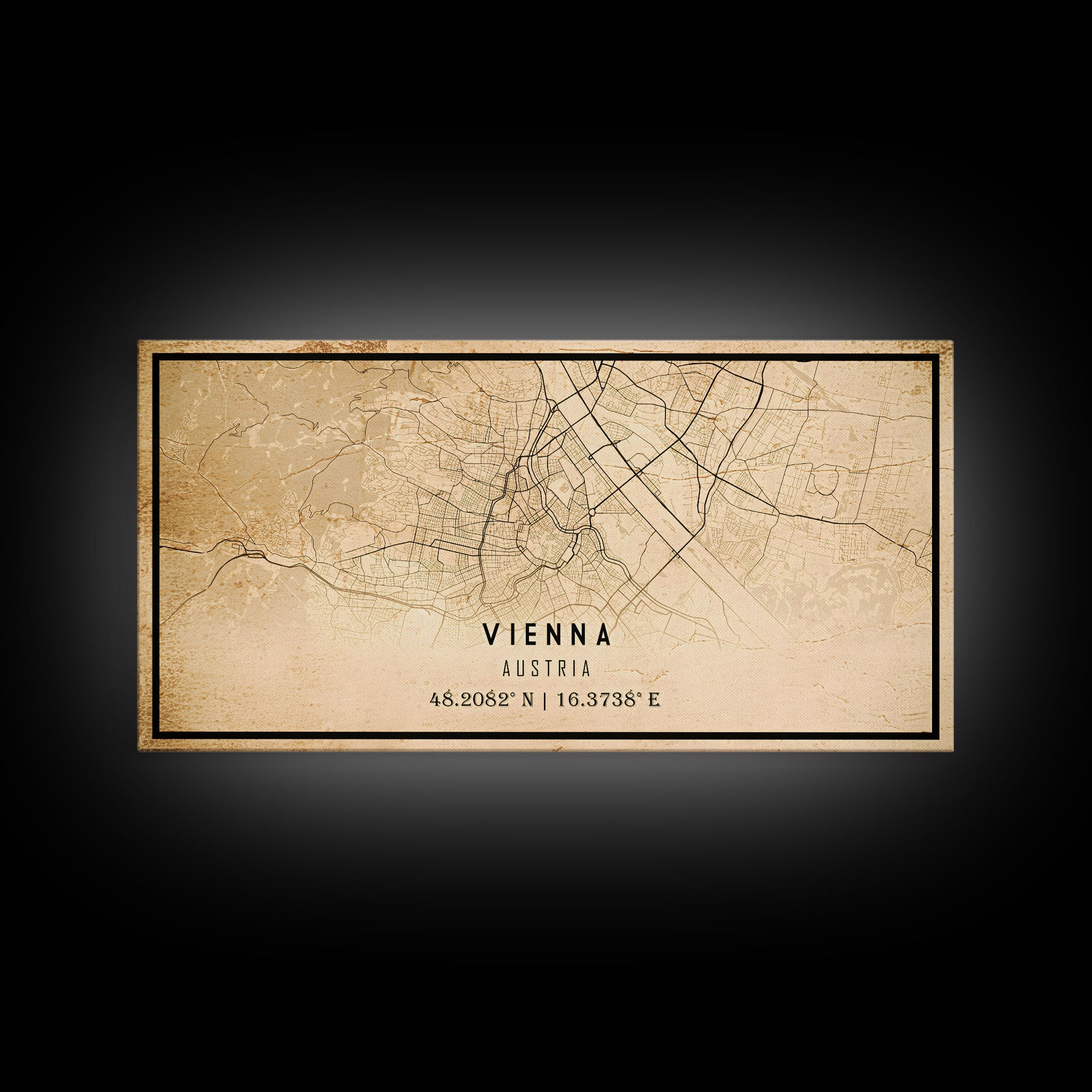 Vintage Vienna City Map Wall Art Canvas Print, Distressed Style Vienna Austria Map, Framed Wall Art, Cool Vienna Travel Wall Art, Office Art