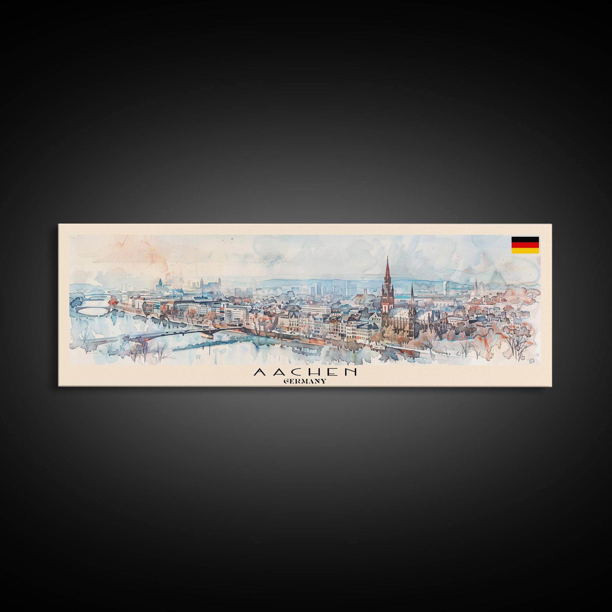 Aachen Germany  Panoramic Travel Poster, Framed Canvas Print or Metal Wall Art, Travel Art, Home Decor, Panoramic Painting, Midcentury Art