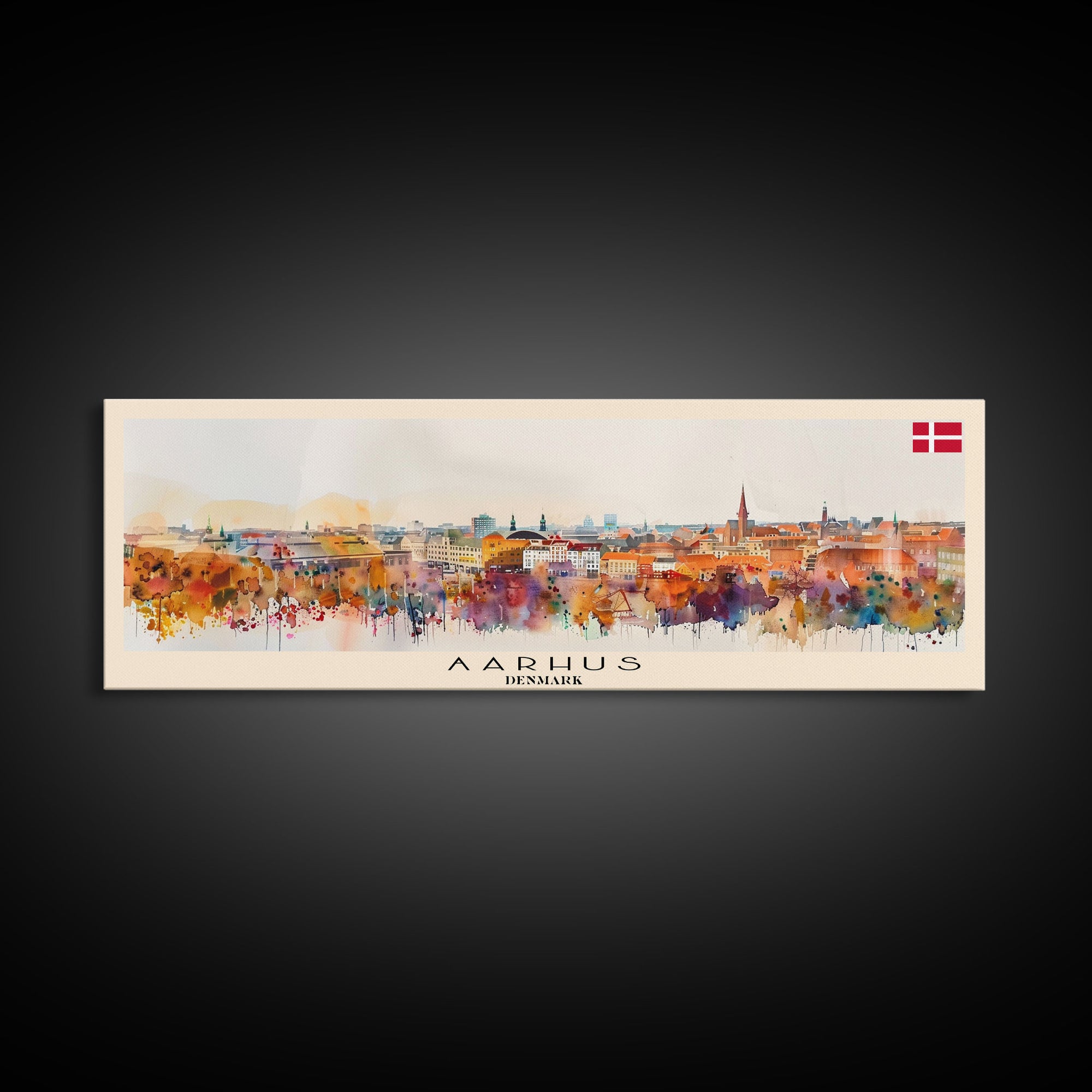 Aarhus Denmark  Panoramic Travel Poster, Framed Canvas Print or Metal Wall Art, Travel Art, Home Decor, Panoramic Painting, Midcentury Art