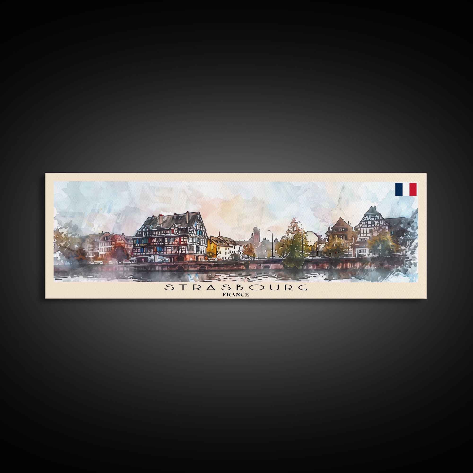 Strasbourg France Panoramic Travel Poster, Framed Canvas Print or Metal Wall Art, Travel Art, Home Decor, Panoramic Painting, Midcentury Art