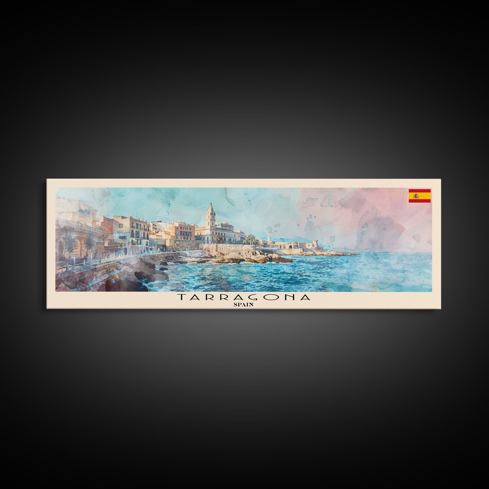 Tarragona Spain Panoramic Travel Poster, Framed Canvas Print or Metal Wall Art, Travel Art, Home Decor, Panoramic Painting, Midcentury Art