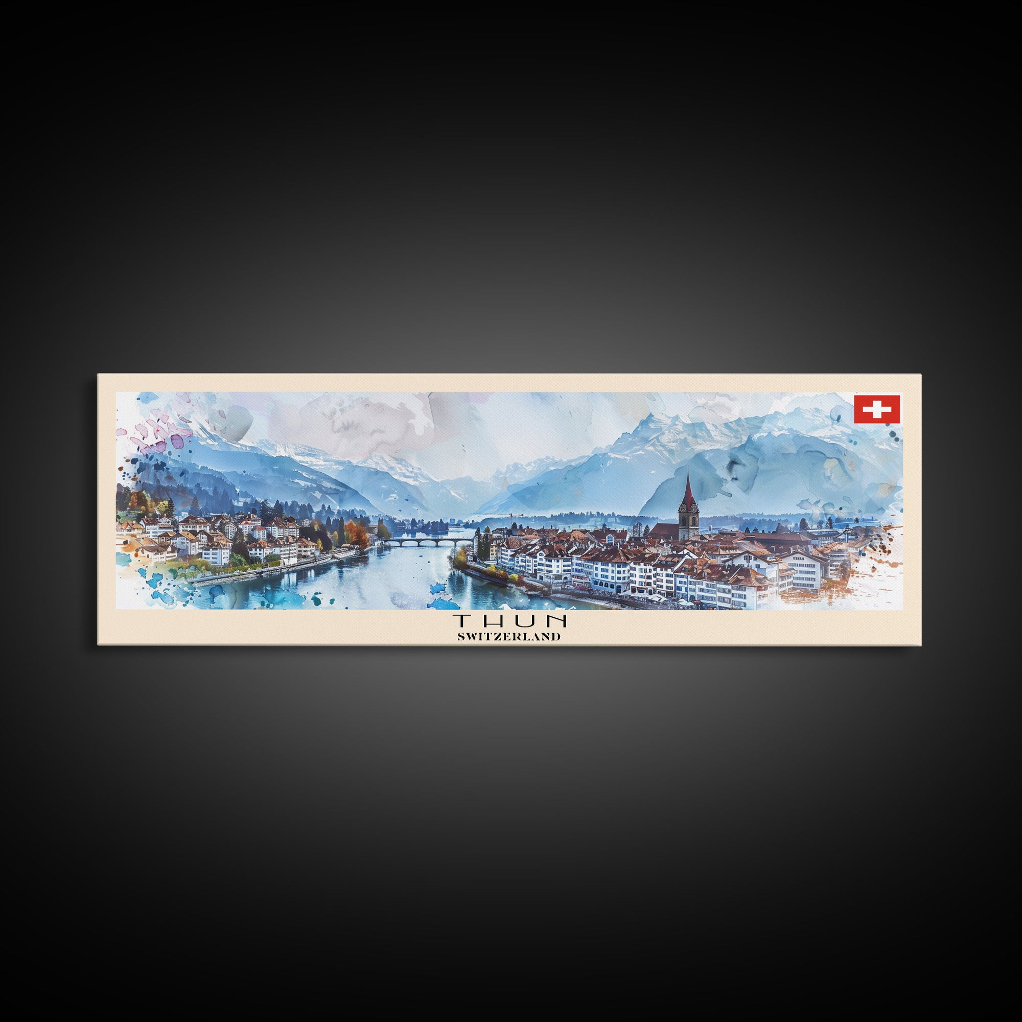 Thun Switzerland Panoramic Travel Poster, Framed Canvas Print or Metal Wall Art, Travel Art, Home Decor, Panoramic Painting, Midcentury Art