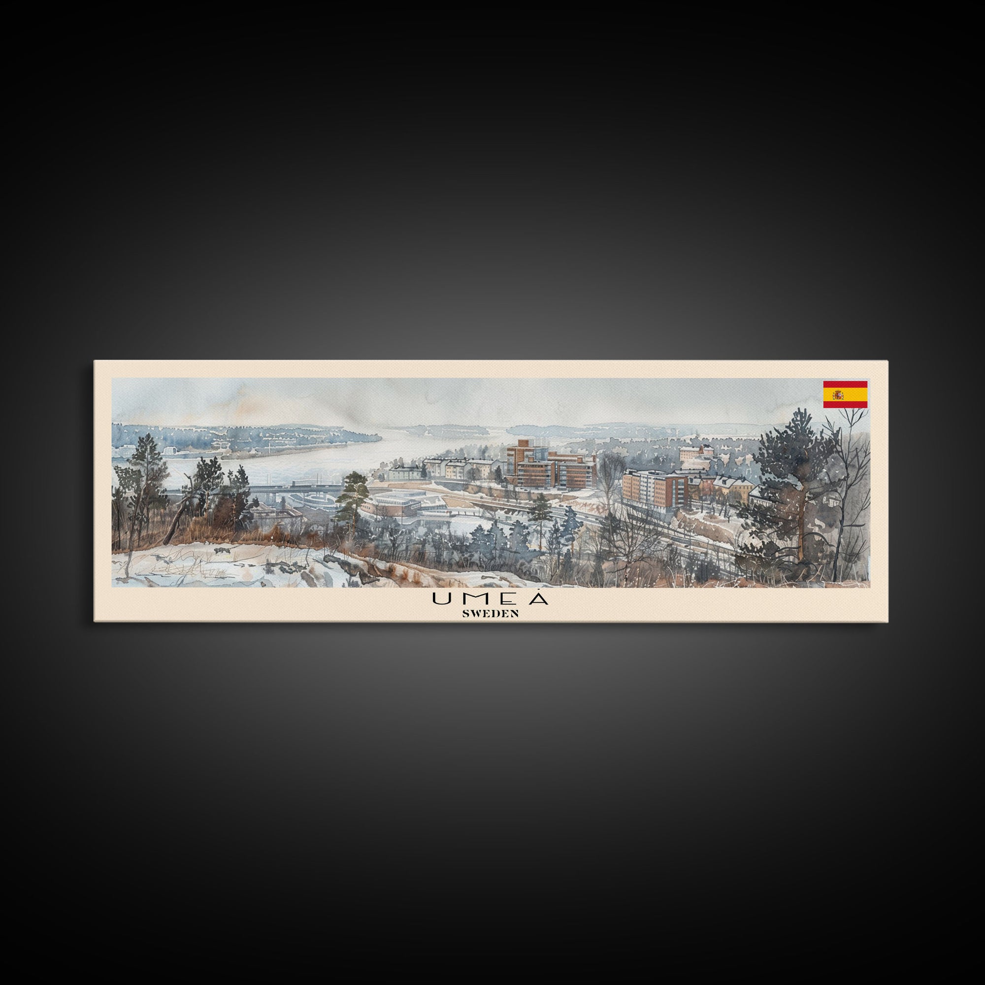 Ume Sweden Panoramic Travel Poster, Framed Canvas Print or Metal Wall Art, Travel Art, Home Decor, Panoramic Painting, Midcentury Art