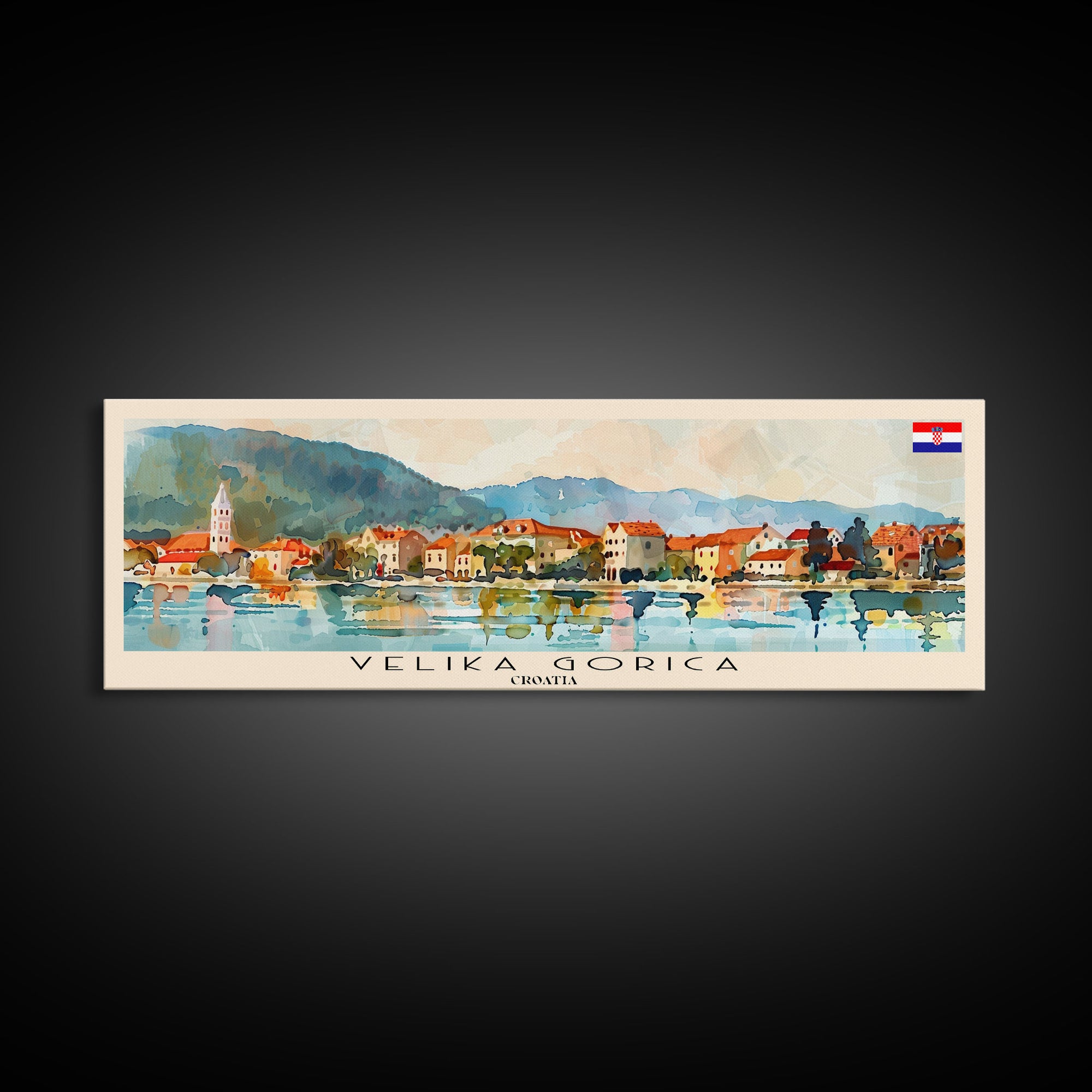 Velika Gorica Croatia Panoramic Travel Poster, Framed Canvas Print or Metal Wall Art, Travel Art, Home Decor, Panoramic Painting, Midcentury Art