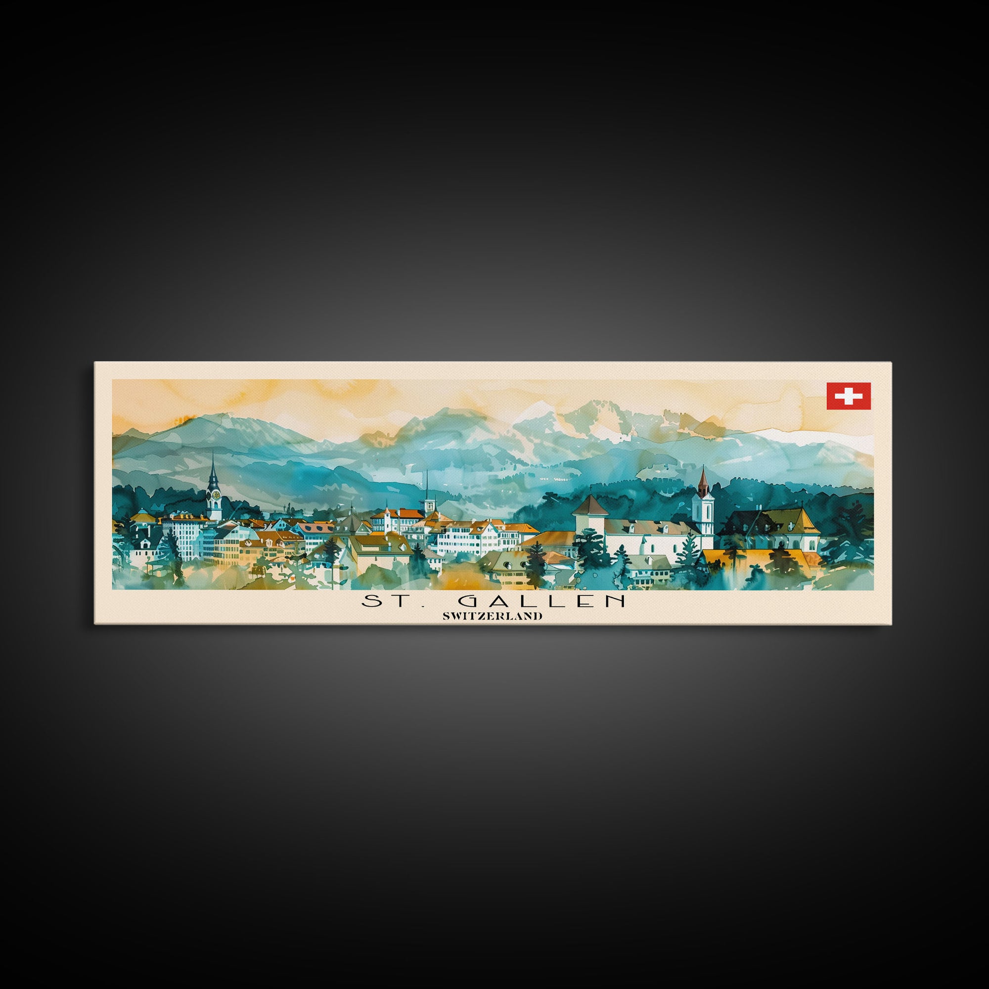 St. Gallen Switzerland Panoramic Travel Poster, Framed Canvas Print or Metal Wall Art, Travel Art, Home Decor, Panoramic Painting, Midcentury Art