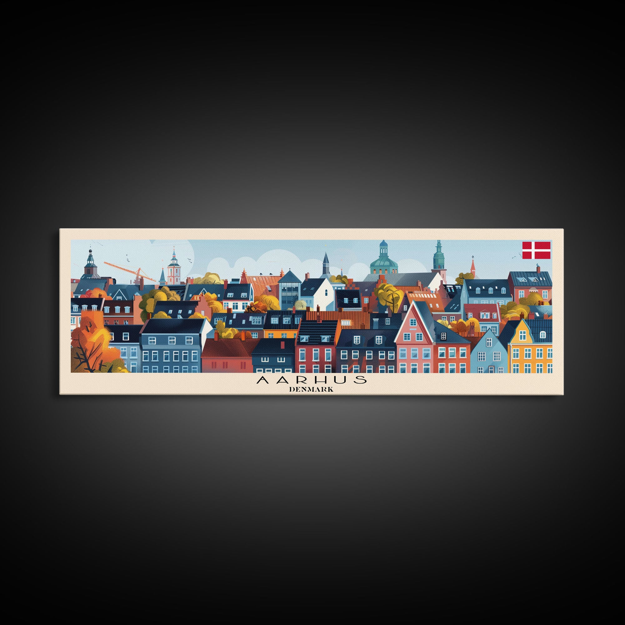 Aarhus Denmark  Panoramic Travel Poster, Framed Canvas Print or Metal Wall Art, Travel Art, Home Decor, Panoramic Painting, Midcentury Art