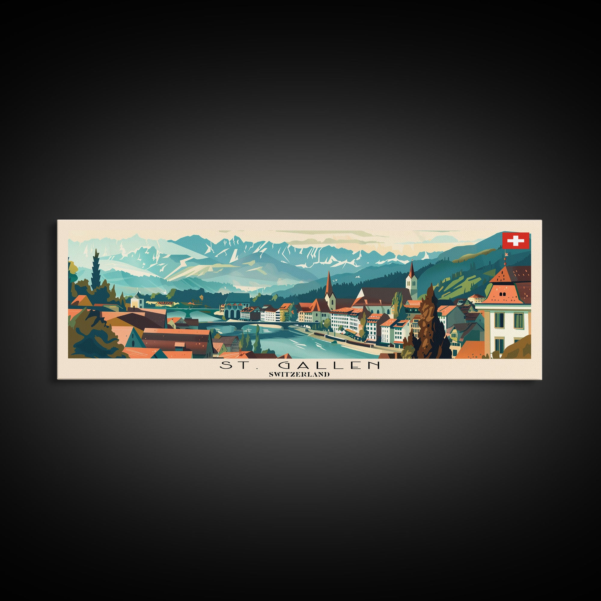 St. Gallen Switzerland Panoramic Travel Poster, Framed Canvas Print or Metal Wall Art, Travel Art, Home Decor, Panoramic Painting, Midcentury Art