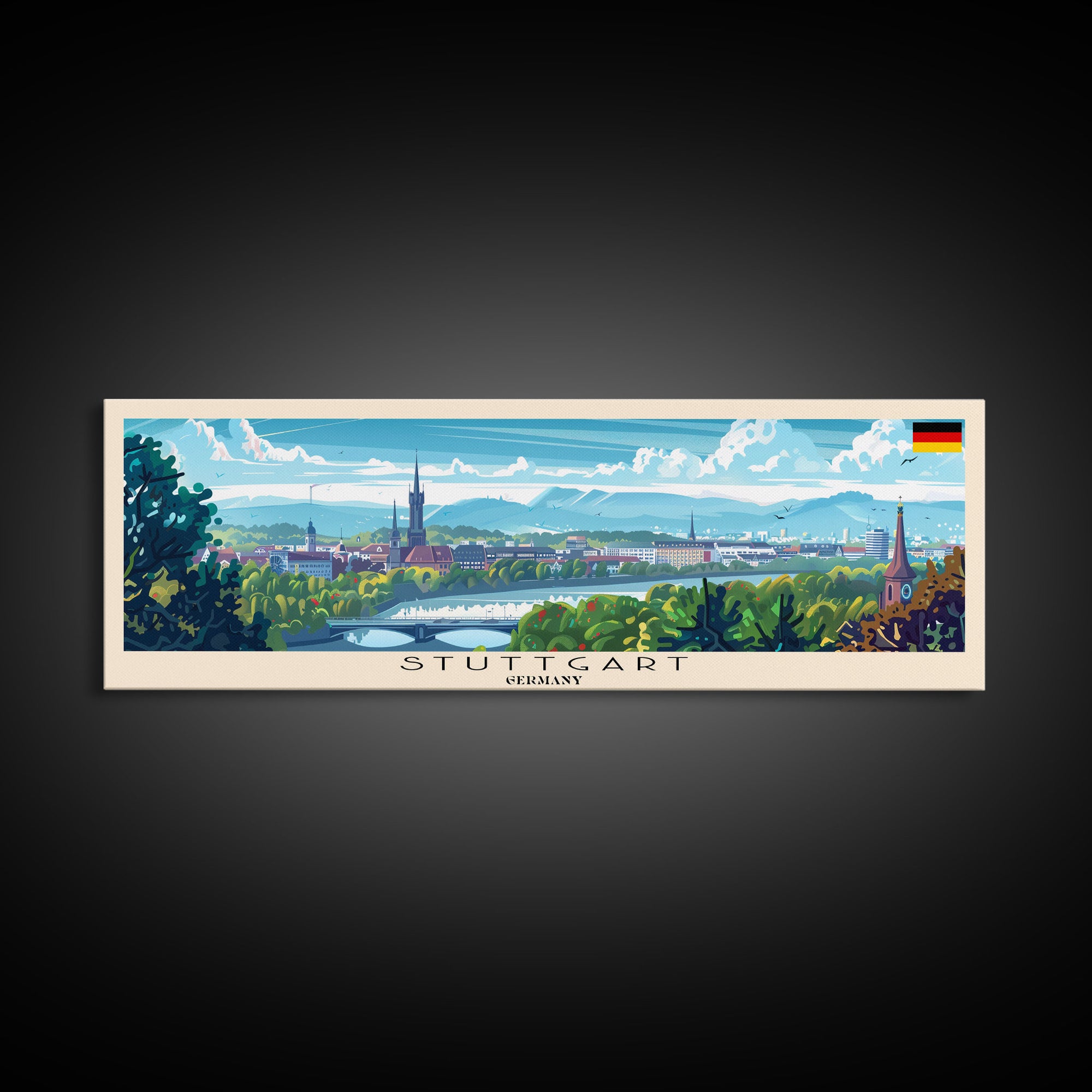 Stuttgart Germany Wall Art, Panoramic Travel Poster, Panoramic Framed Canvas Print, City Wall Art, Wall Hanging Home Decor, Travel Art