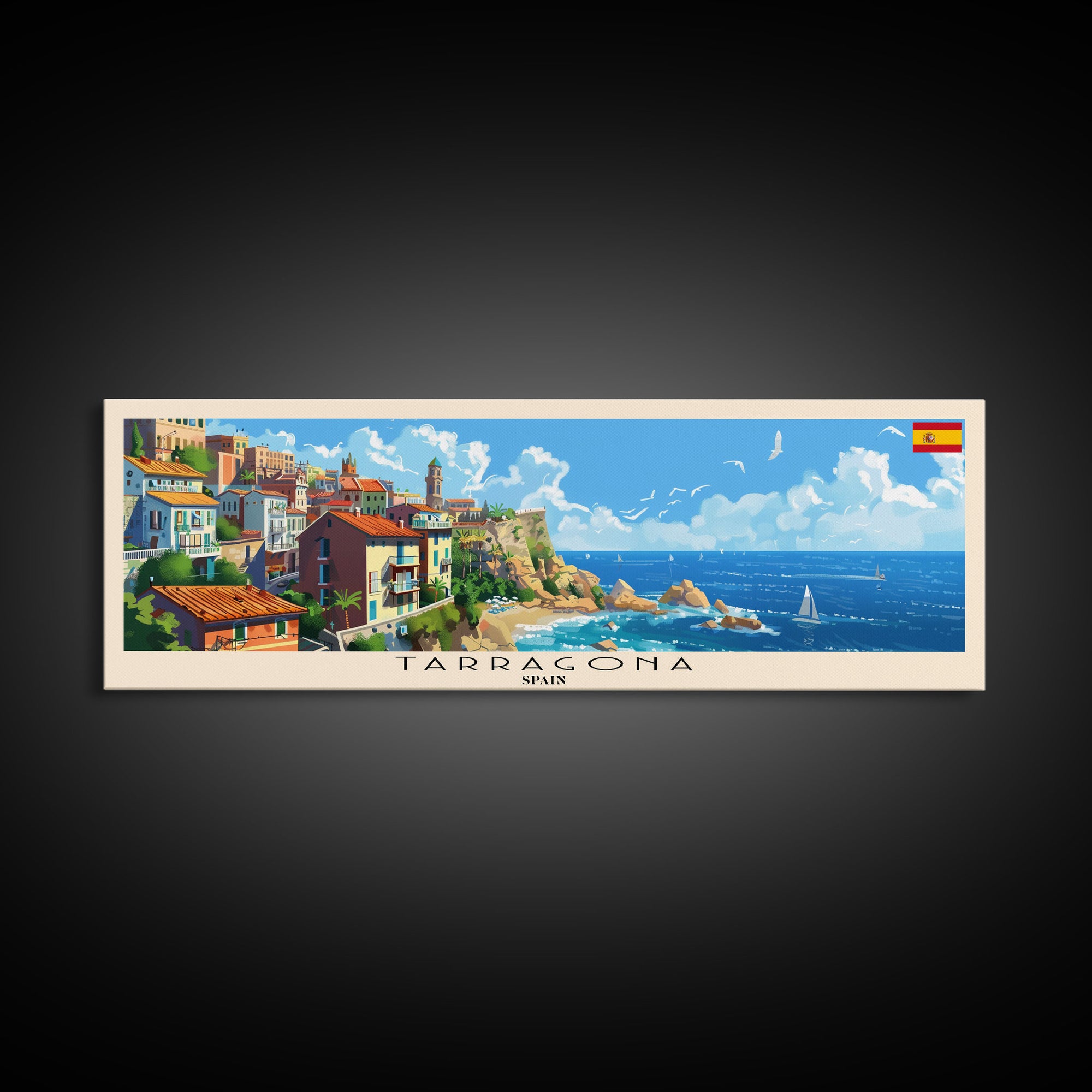 Tarragona Spain Panoramic Travel Poster, Framed Canvas Print or Metal Wall Art, Travel Art, Home Decor, Panoramic Painting, Midcentury Art