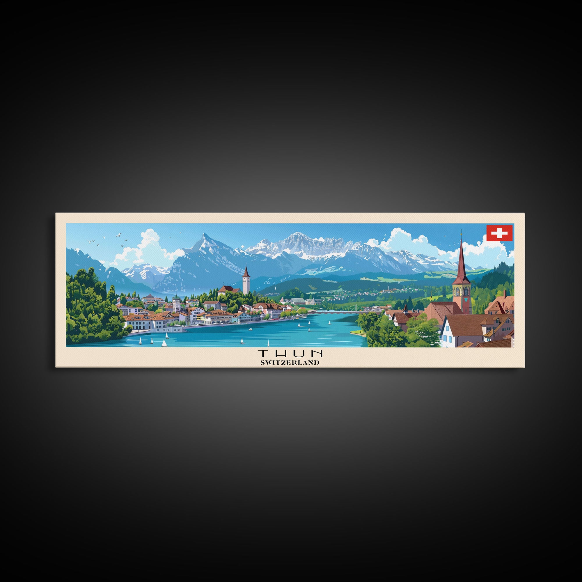 Thun Switzerland Panoramic Travel Poster, Framed Canvas Print or Metal Wall Art, Travel Art, Home Decor, Panoramic Painting, Midcentury Art