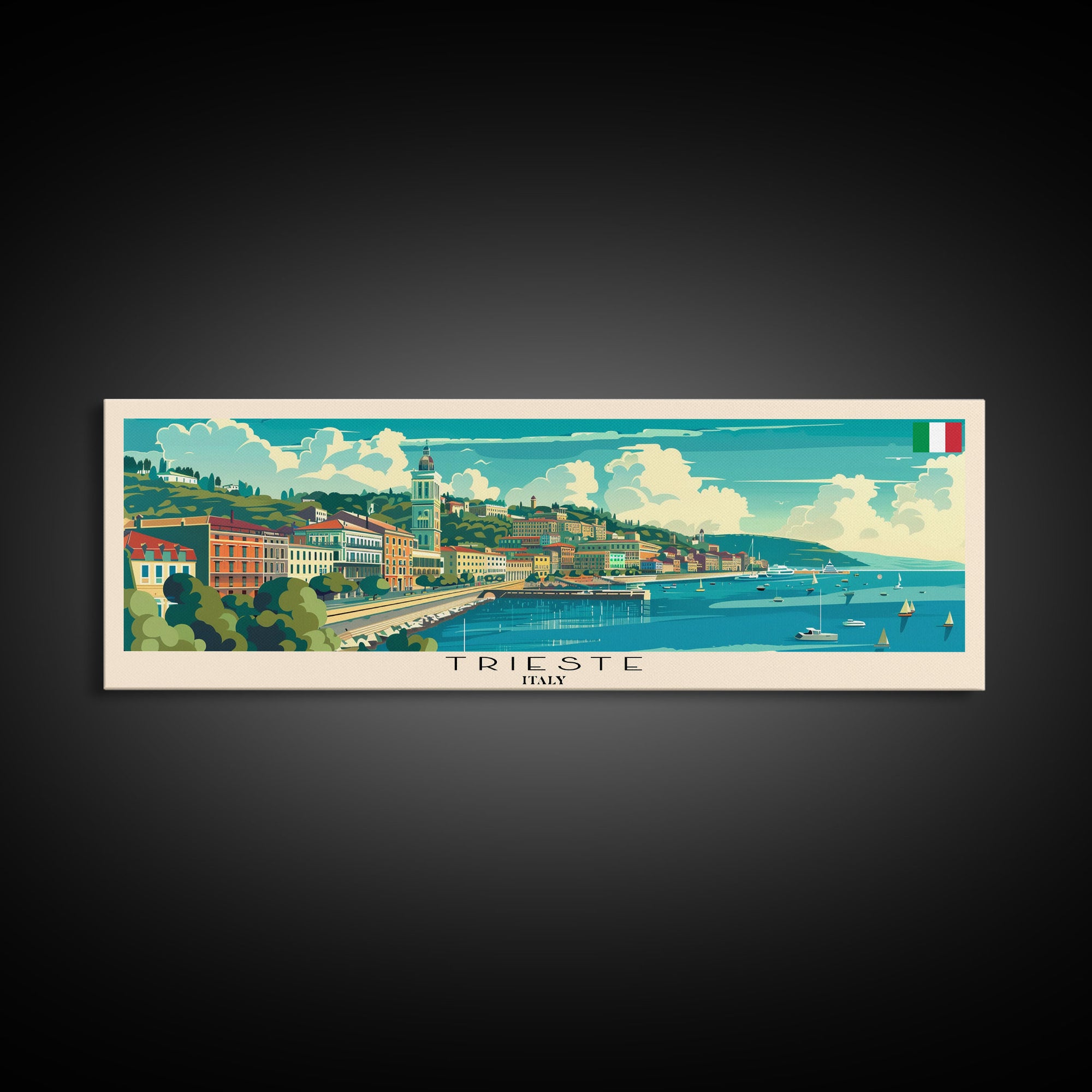 Trieste Italy Panoramic Travel Poster, Framed Canvas Print or Metal Wall Art, Travel Art, Home Decor, Panoramic Painting, Midcentury Art