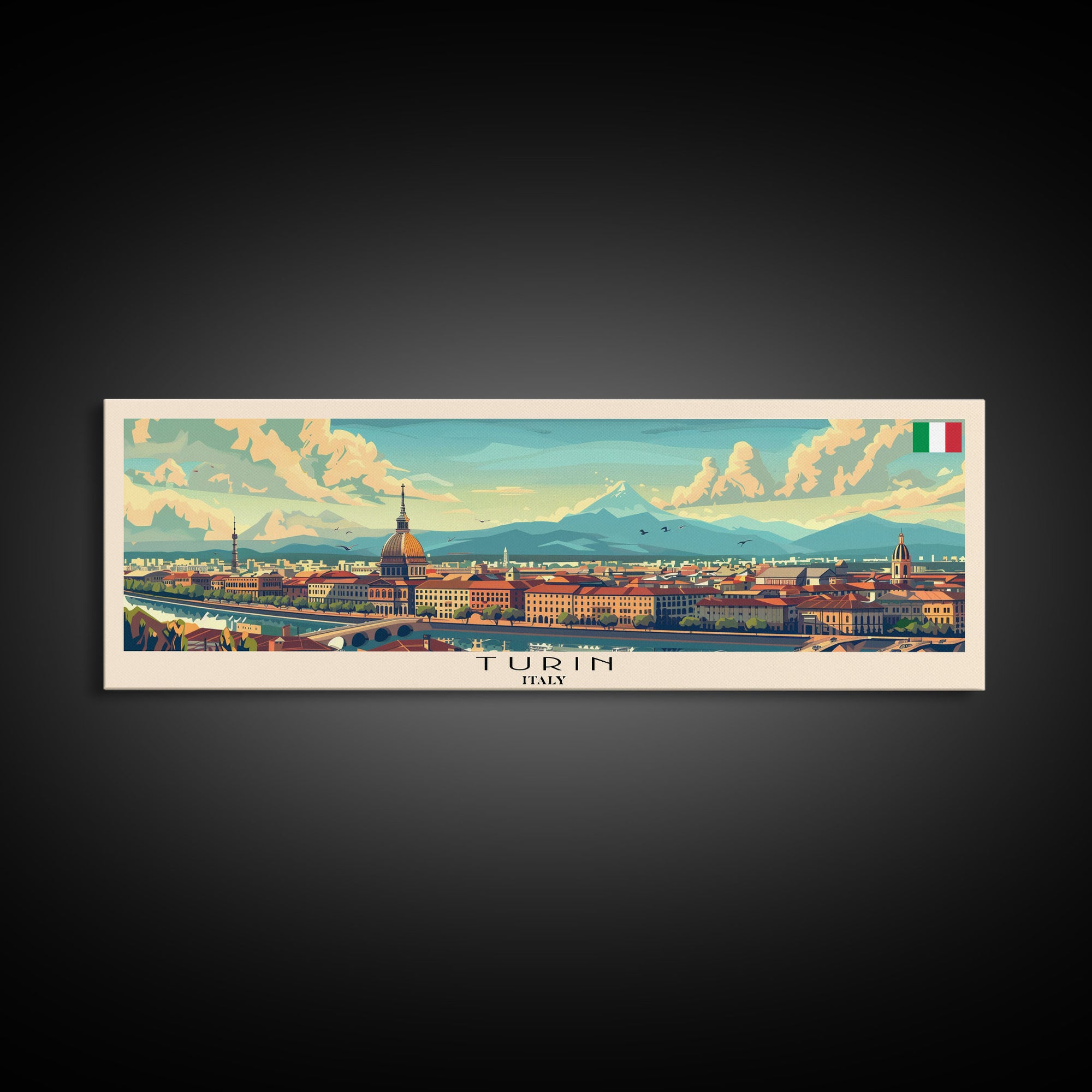 Turin Italy Panoramic Travel Poster, Framed Canvas Print or Metal Wall Art, Travel Art, Home Decor, Panoramic Painting, Midcentury Art