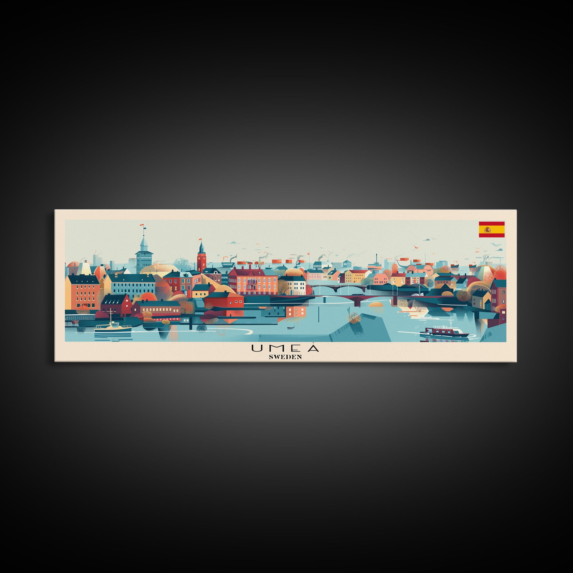 Ume Sweden Panoramic Travel Poster, Framed Canvas Print or Metal Wall Art, Travel Art, Home Decor, Panoramic Painting, Midcentury Art