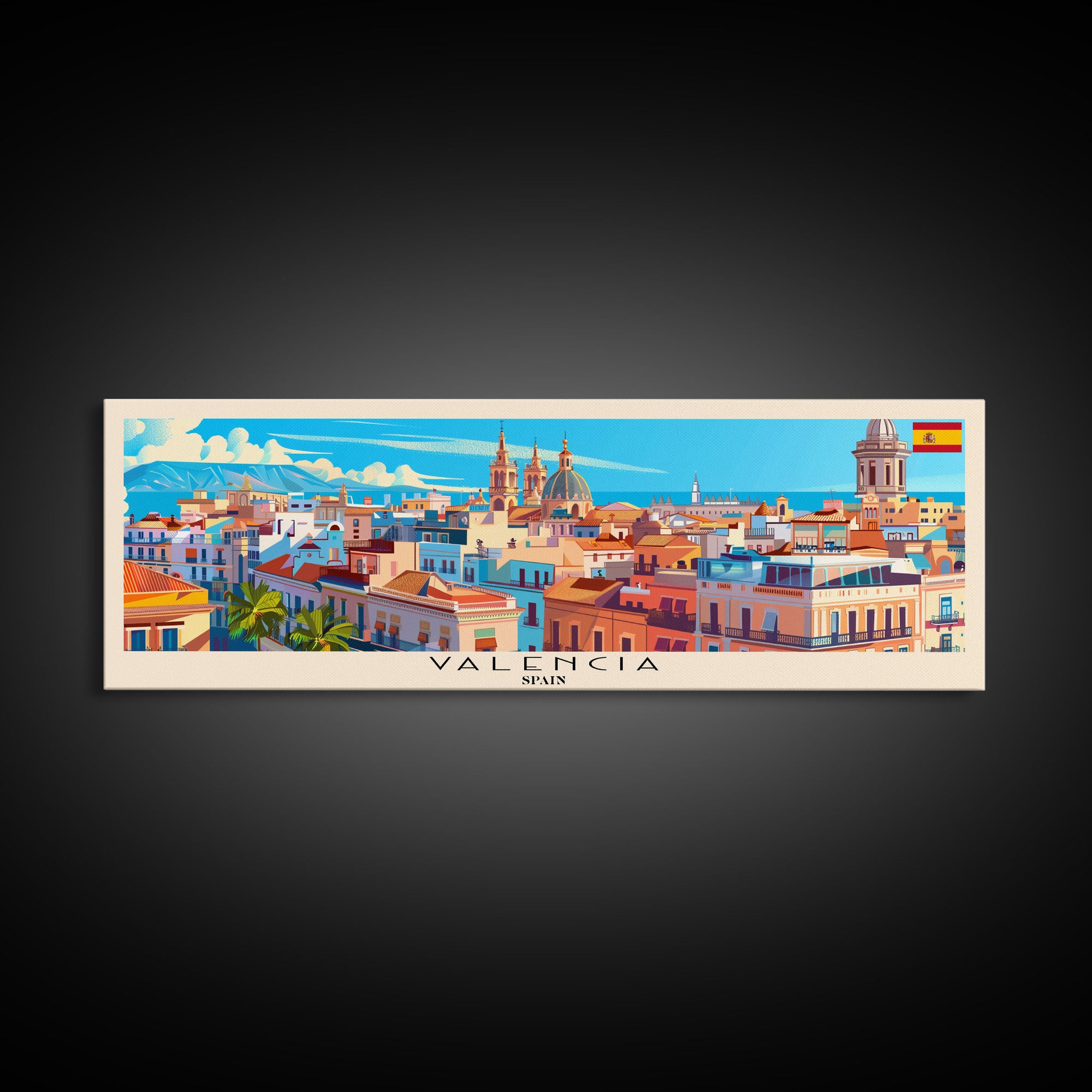 Valencia Spain Travel Art, City Art, Framed Canvas Print or Metal Wall Art, Europe Travel Poster, Panoramic Wall Art, Extra Wide Wall Art