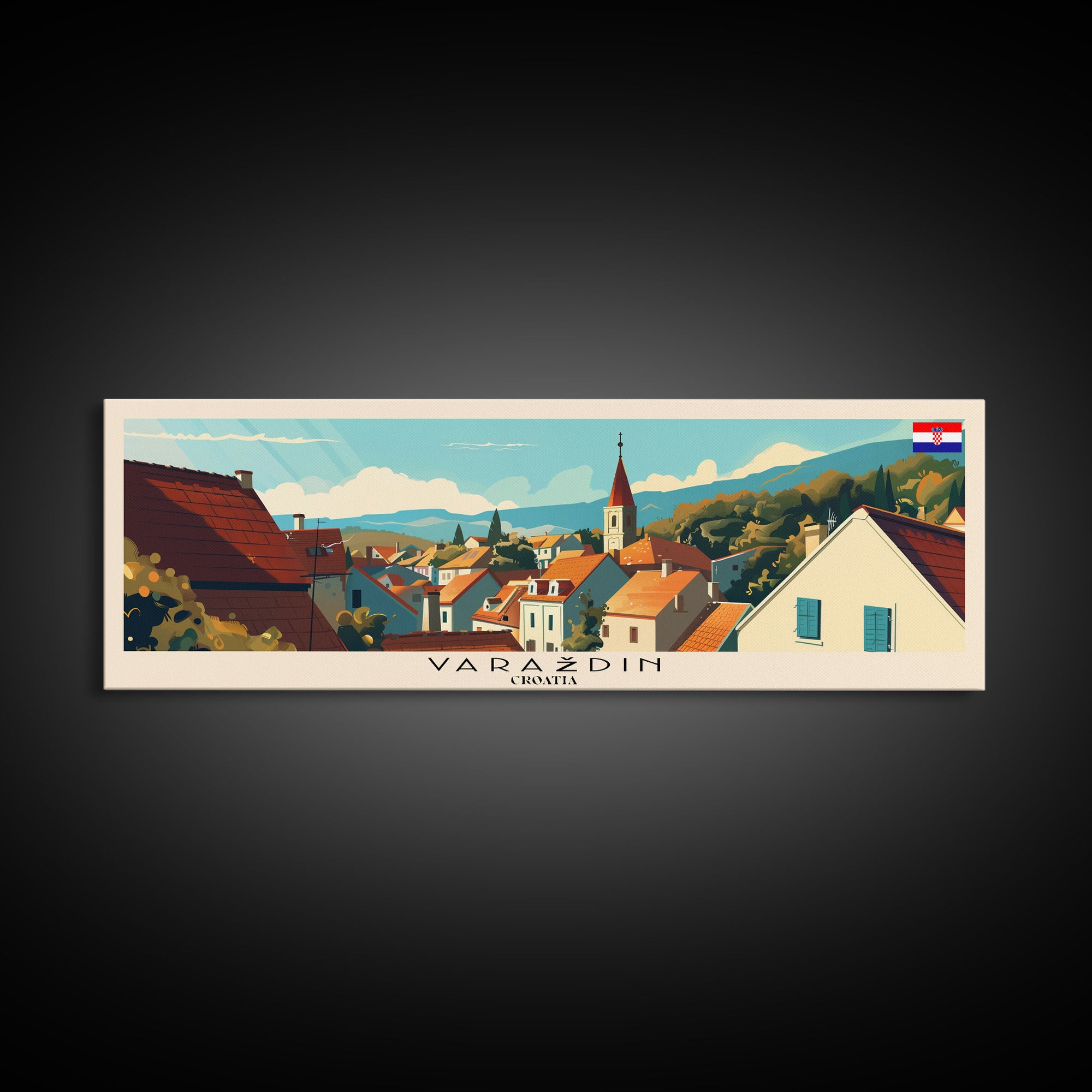 Varazdin Croatia Panoramic Travel Poster, Framed Canvas Print or Metal Wall Art, Travel Art, Home Decor, Panoramic Painting, Midcentury Art