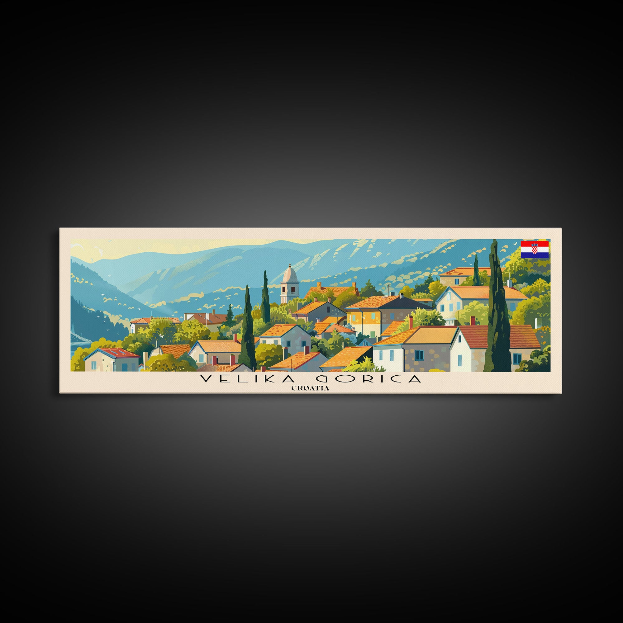 Velika Gorica Croatia Panoramic Travel Poster, Framed Canvas Print or Metal Wall Art, Travel Art, Home Decor, Panoramic Painting, Midcentury Art