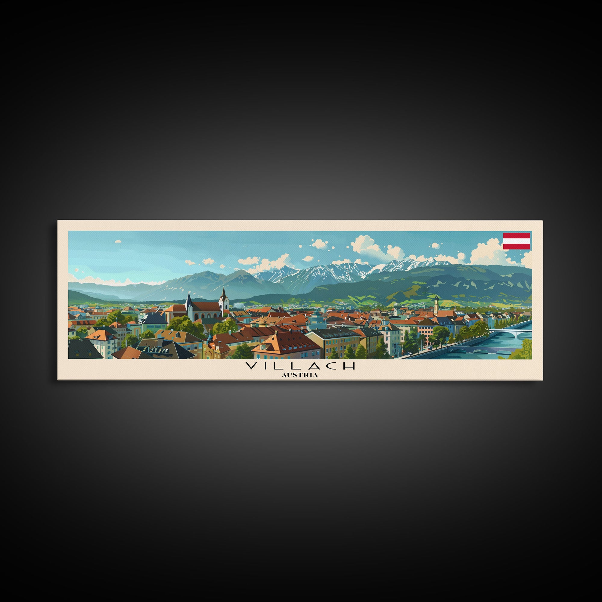 Villach Austria Travel Art, City Art, Framed Canvas Print or Metal Wall Art, Europe Travel Poster, Panoramic Wall Art, Extra Wide Wall Art