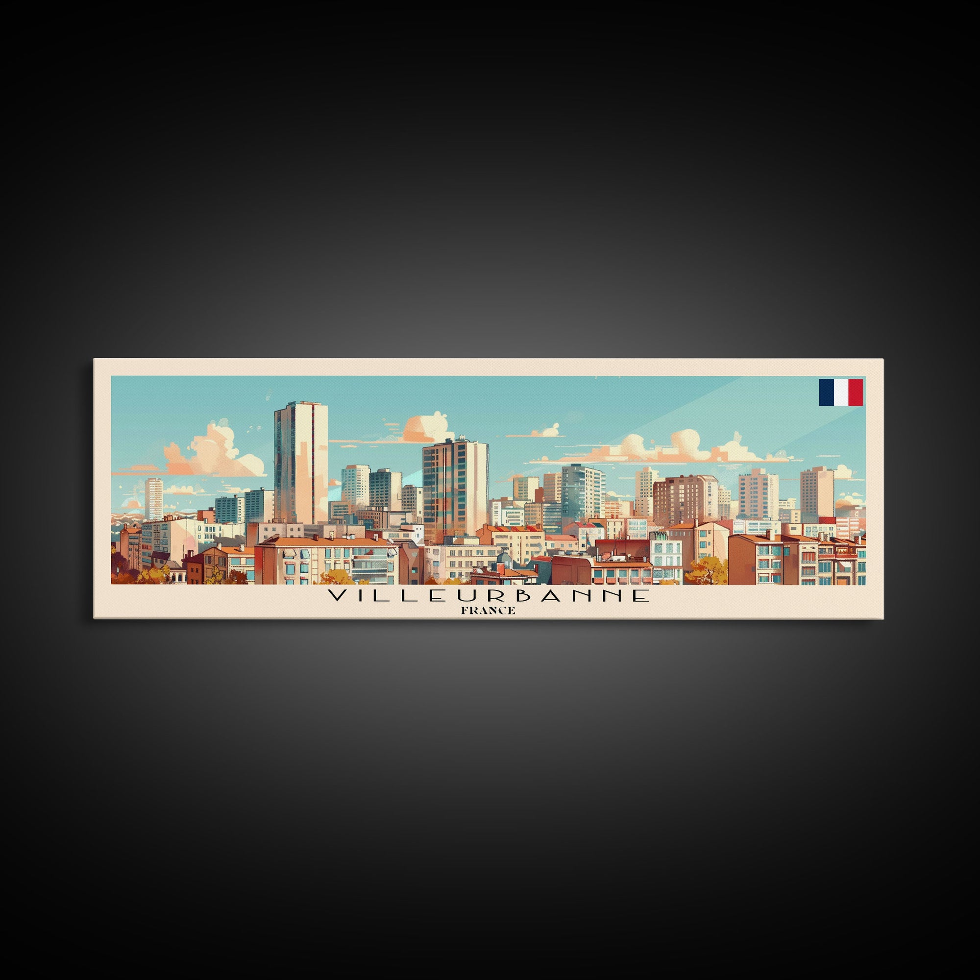 Villeurbanne France Panoramic Travel Poster, Framed Canvas Print or Metal Wall Art, Travel Art, Home Decor, Panoramic Painting, Midcentury Art