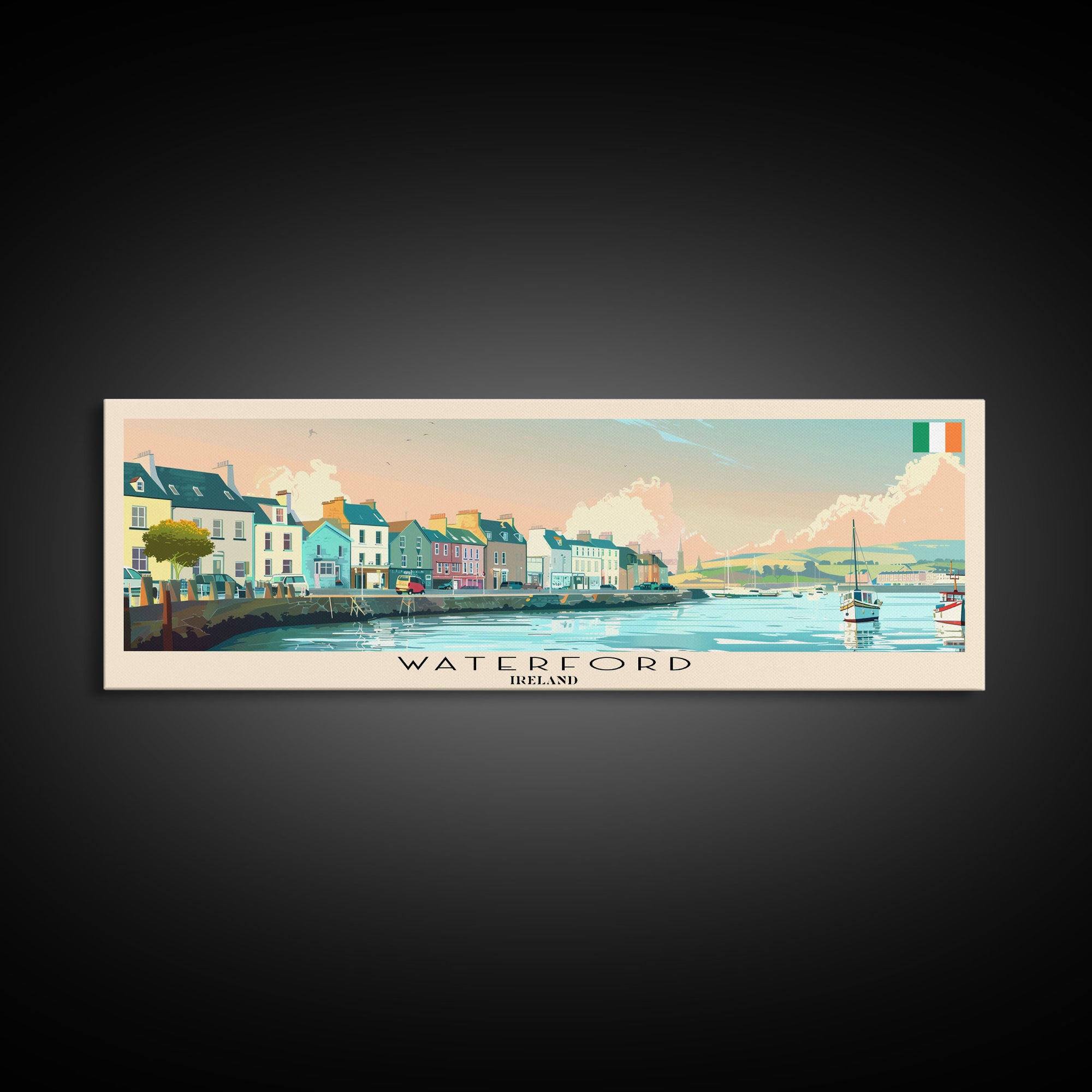 Waterford Ireland Panoramic Travel Poster, Framed Canvas Print or Metal Wall Art, Travel Art, Home Decor, Panoramic Painting, Midcentury Art