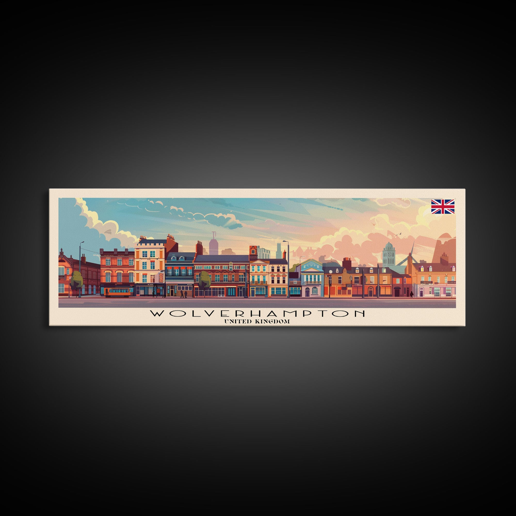 Wolverhampton United Kingdom Panoramic Travel Poster, Framed Canvas Print or Metal Wall Art, Travel Art, Home Decor, Panoramic Painting, Midcentury Art