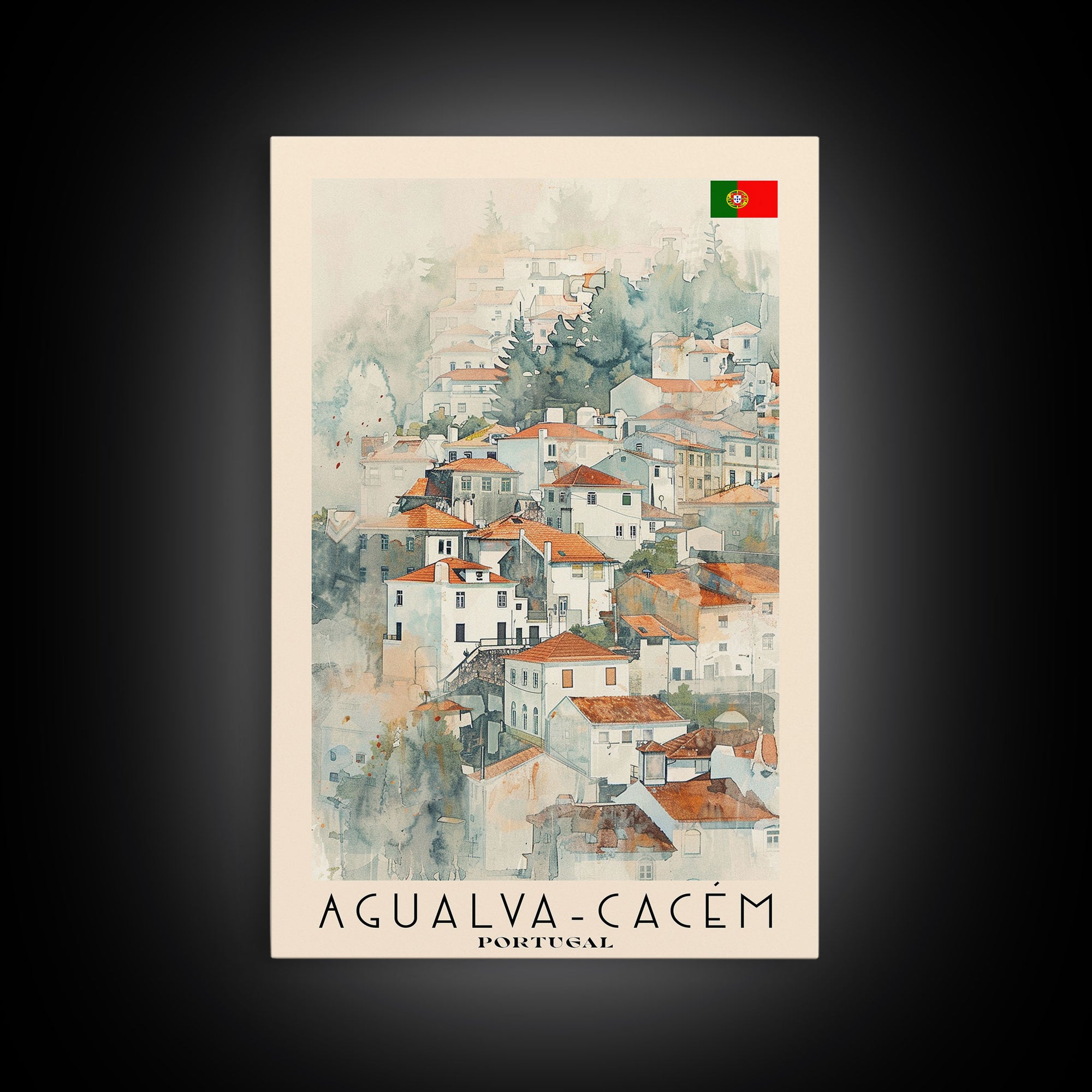 Agualva-Cacém in Portugal Watercolor Travel Poster Art, Framed Canvas Print, Perfect Wall Art for Living Room or Bedroom Decor