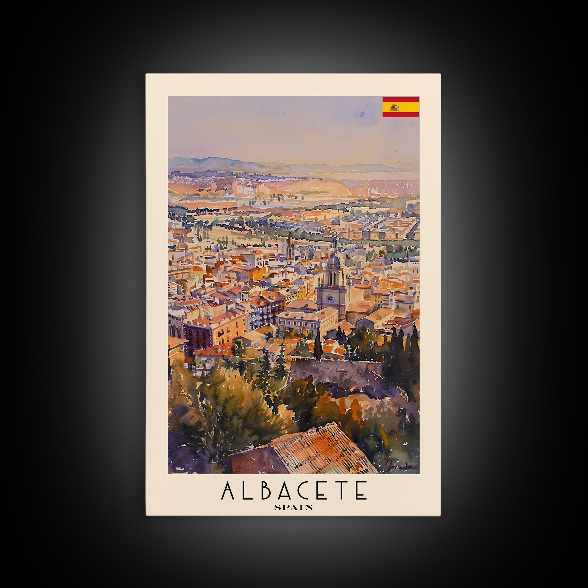 Albacete Spain Skyline Travel Poster Art, Framed Canvas Print, Vibrant Wall Art for Living Room, Bedroom Decor, Home Decoration