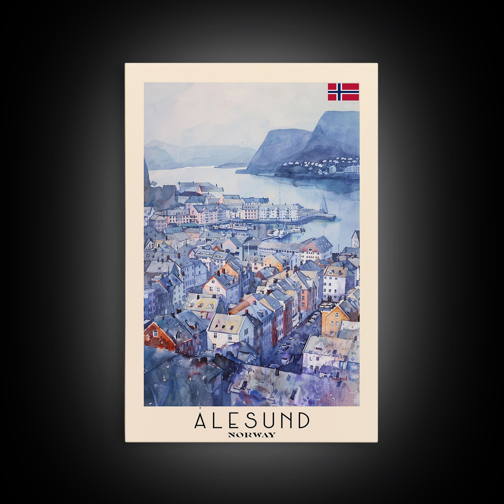 Ålesund Norway Coastal Town Travel Poster Art, Framed Canvas Print, Scenic Wall Art for Living Room, Bedroom Decor, Home Decoration