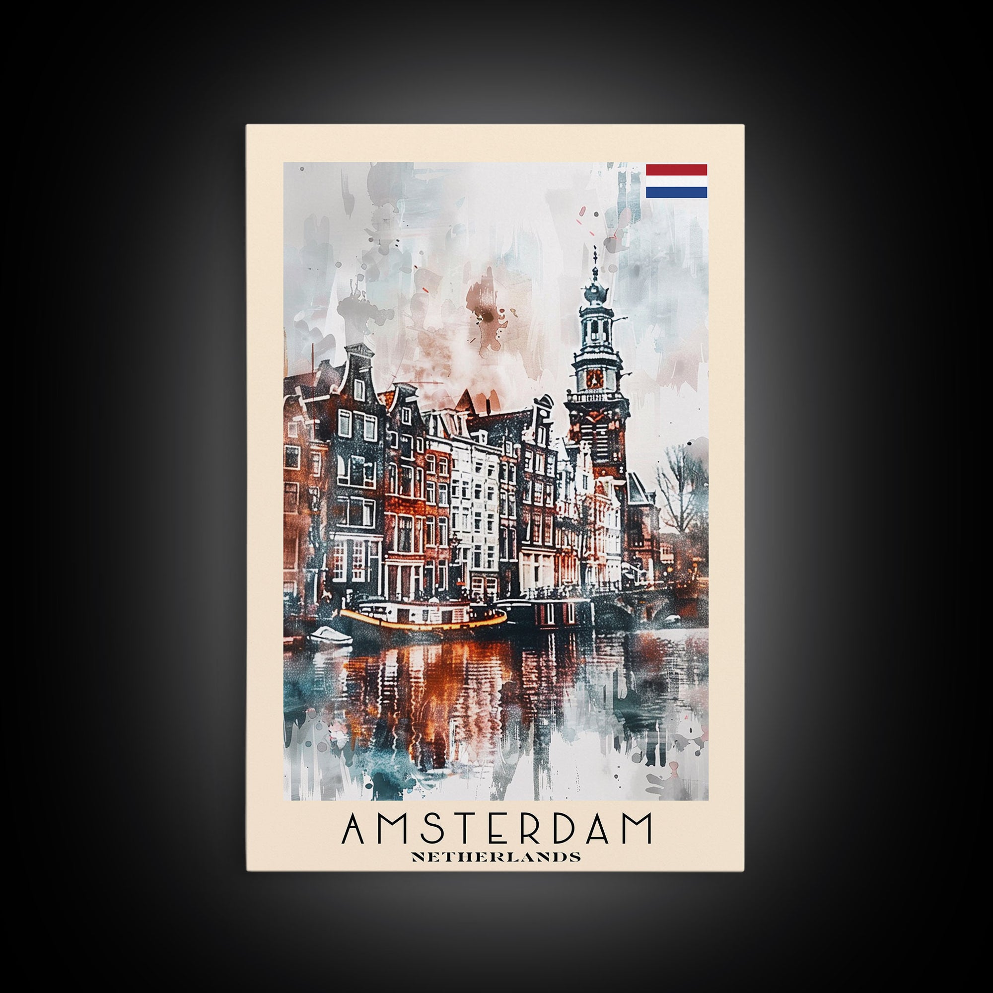 Stunning Amsterdam Cityscape, Framed Canvas Print, Perfect for Living Room Art, Travel Poster, Boho Home Decor, Watercolor Art