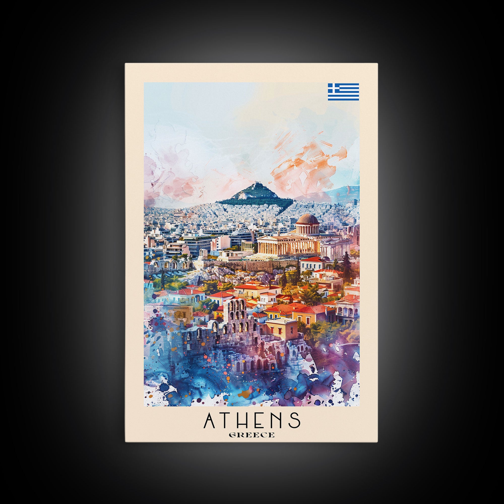 Athens Greece Travel Poster Framed Canvas Print, Wall Art, Home Decor, Vacation Print, Watercolor Painting, Ancient Ruins, Historical Art