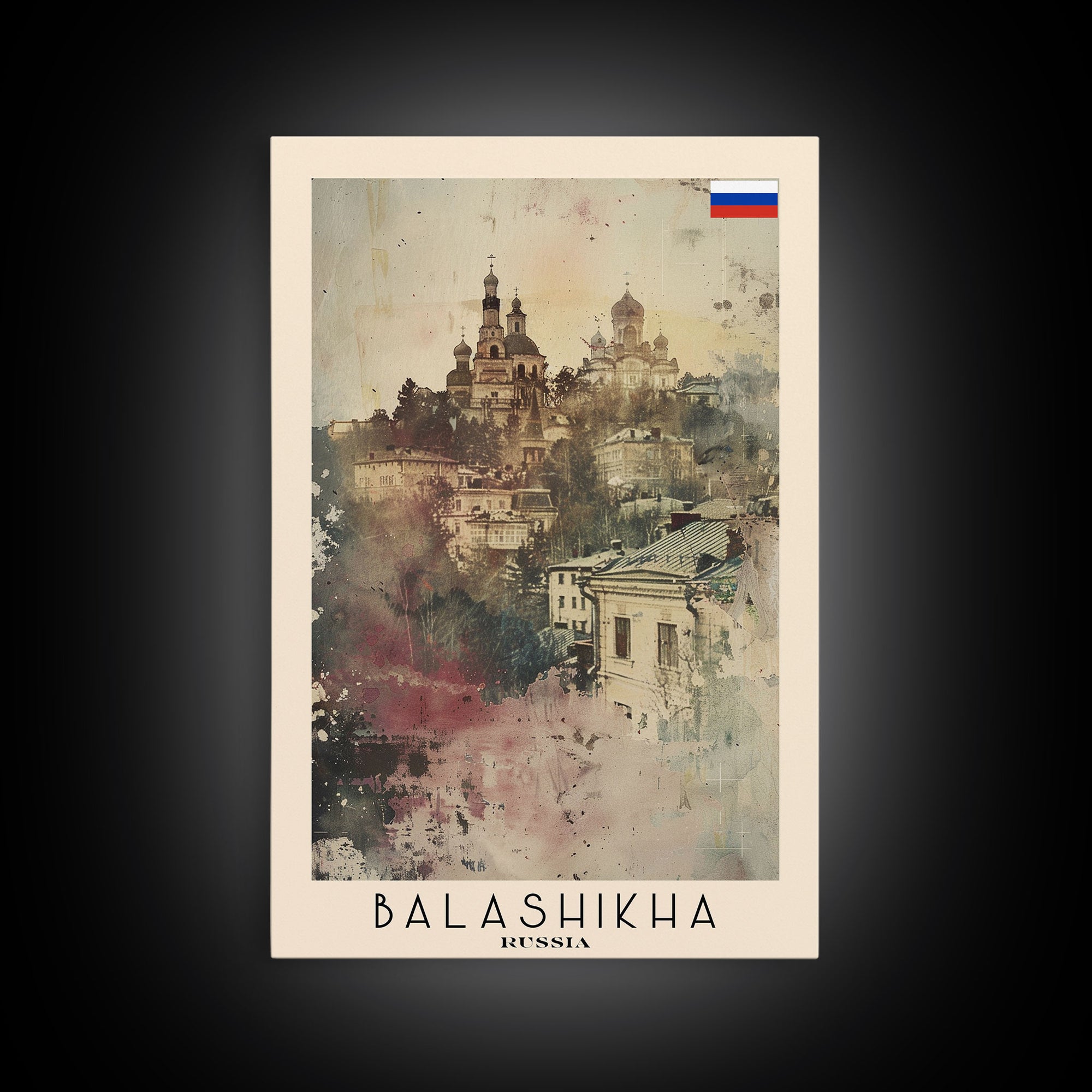 Balashikha Russia Travel Poster Framed Canvas Print, Wall Art, Home Decor, Vacation Print, Watercolor Painting, Cityscape Art, Atmospheric Art