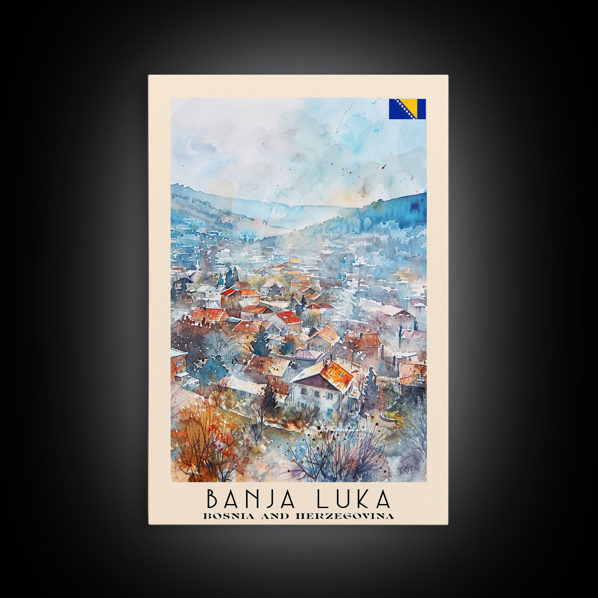 Banja Luka Bosnia Travel Poster Framed Canvas Print, Wall Art, Home Decor, Travel Print, Watercolor Painting, Scenic View, Original Art