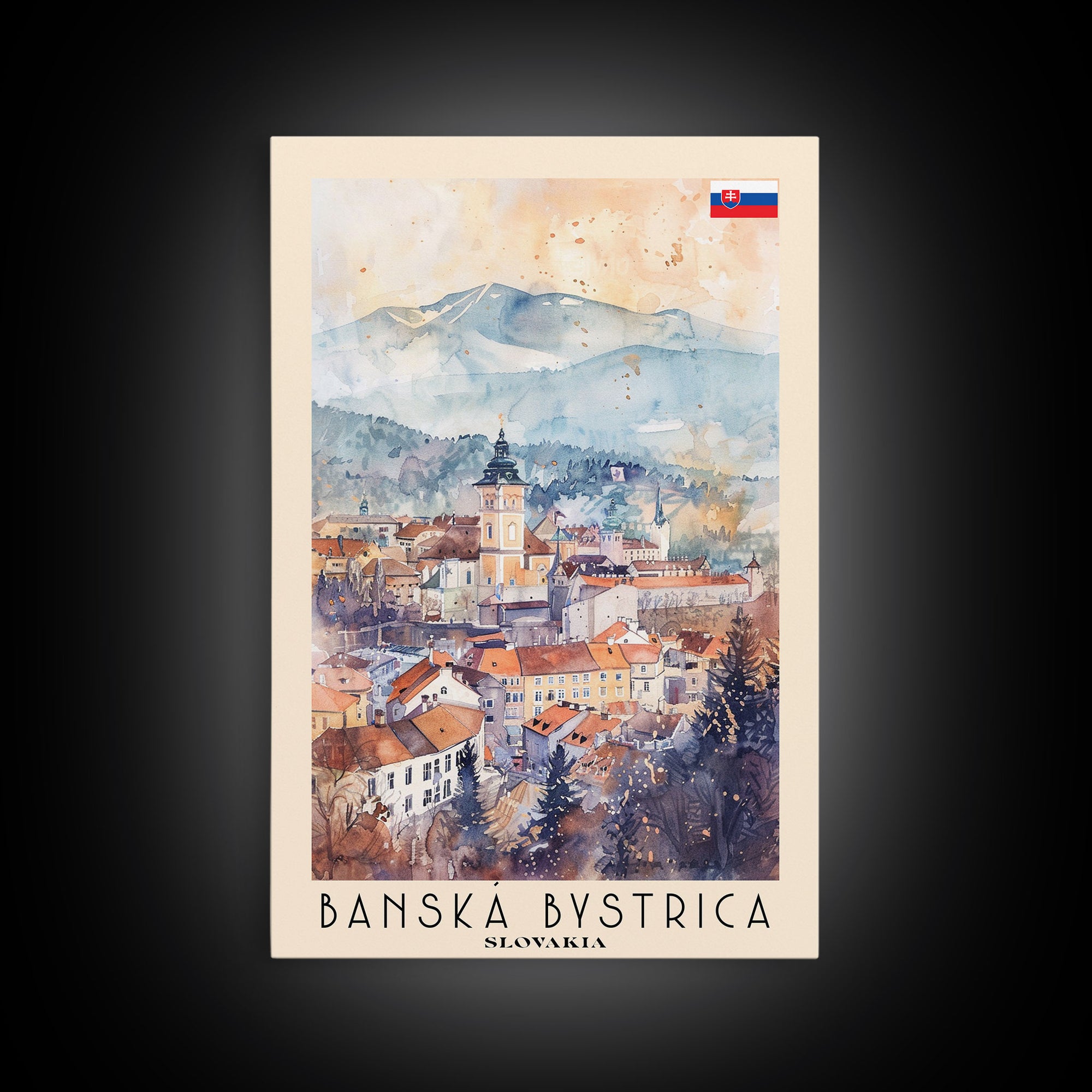 Banska Bystrica Slovakia Travel Poster Framed Canvas Print, Wall Art, Home Decor, Vacation Print, Watercolor Painting, Cityscape Art