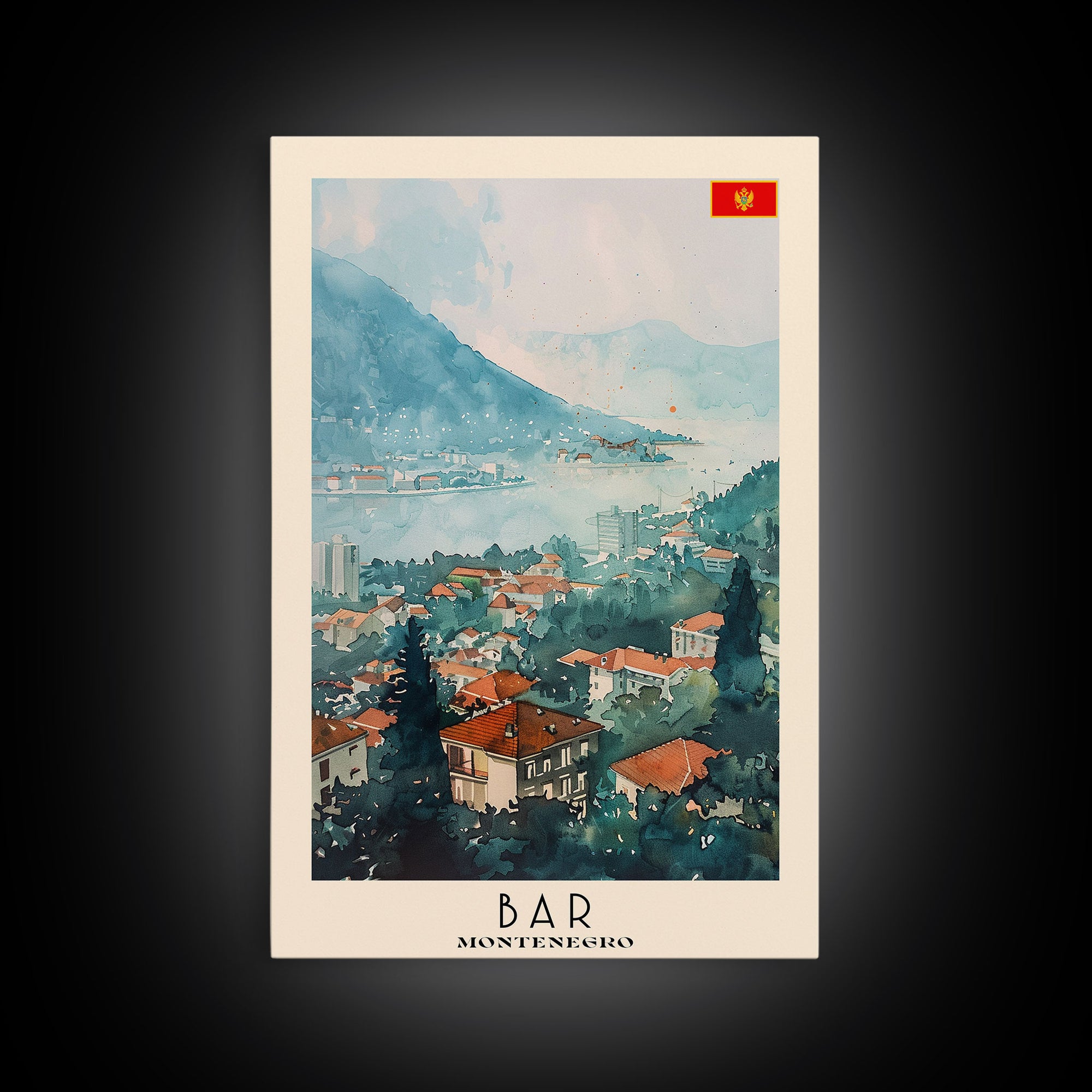 Bar Montenegro Travel Poster Framed Canvas Print, Wall Art, Living Room Art, Watercolor Painting, Original Art, Vacation Gift