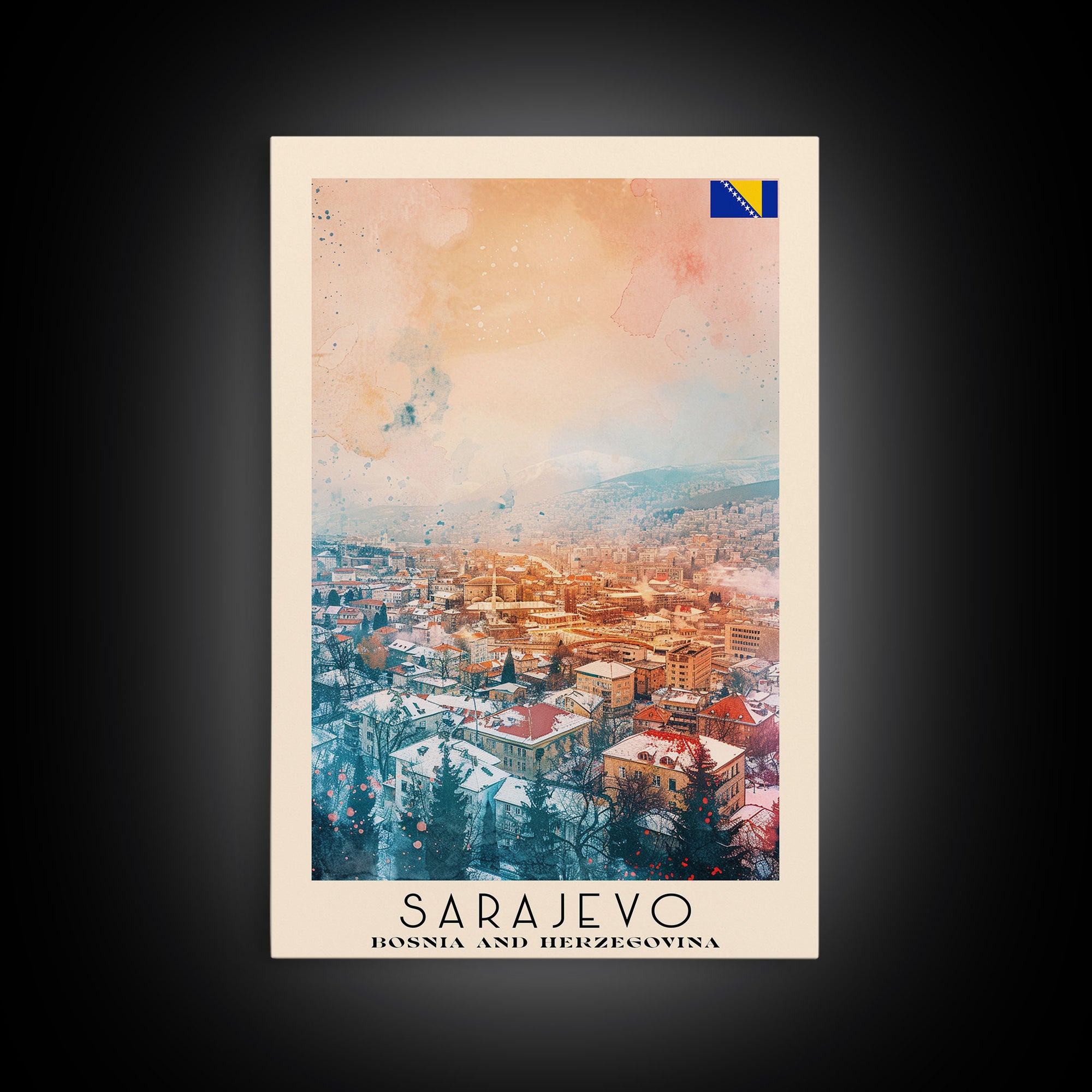 Sarajevo Bosnia and Herzegovina Travel Poster Framed Canvas Print, Watercolor Painting, Historic Wall Art, Home Decor, Bosnian Cityscape, Classic Art