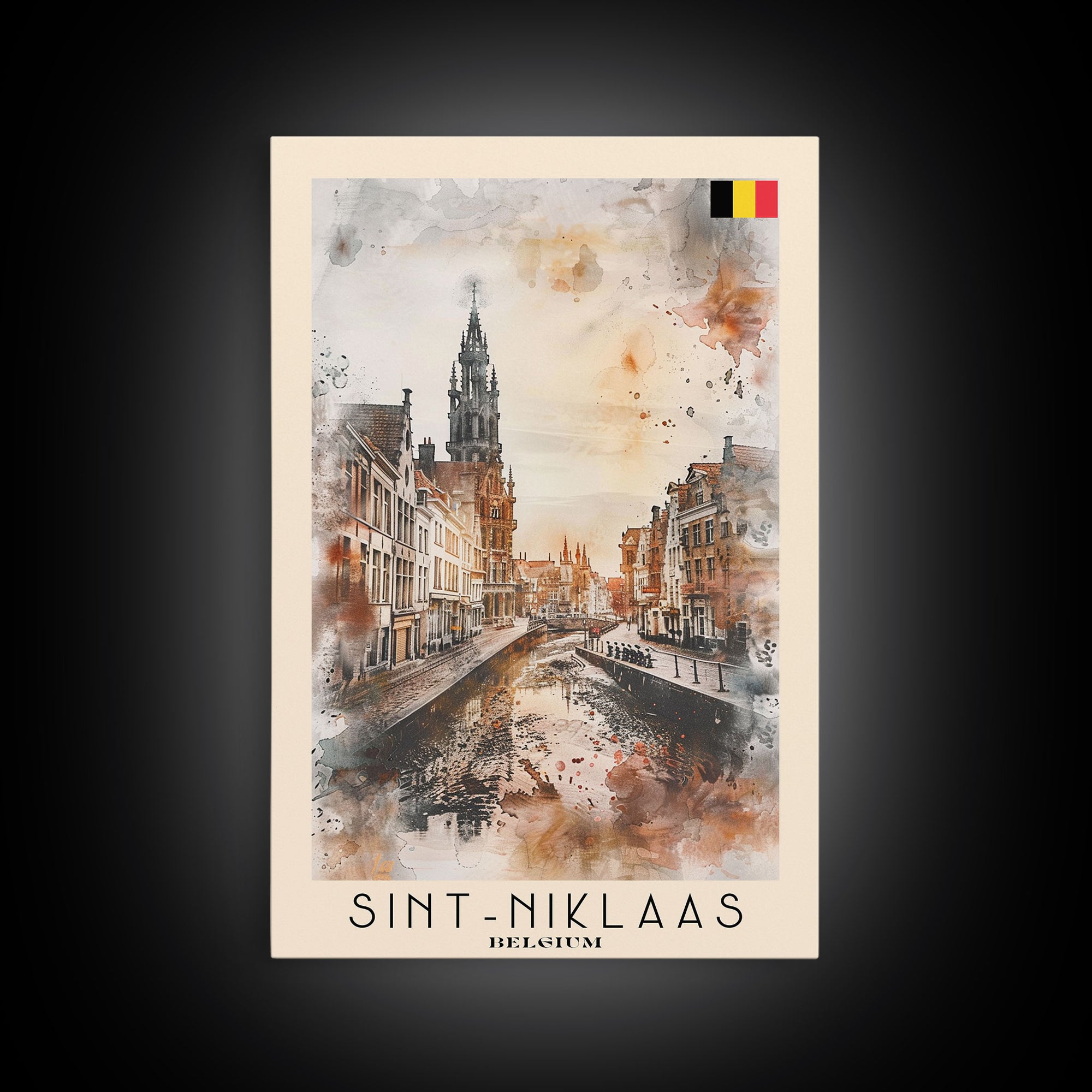 Sint-Niklaas Belgium Travel Poster Framed Canvas Print, Watercolor Painting, Scenic Wall Art, Home Decor, Belgian Cityscape, Classic Decor