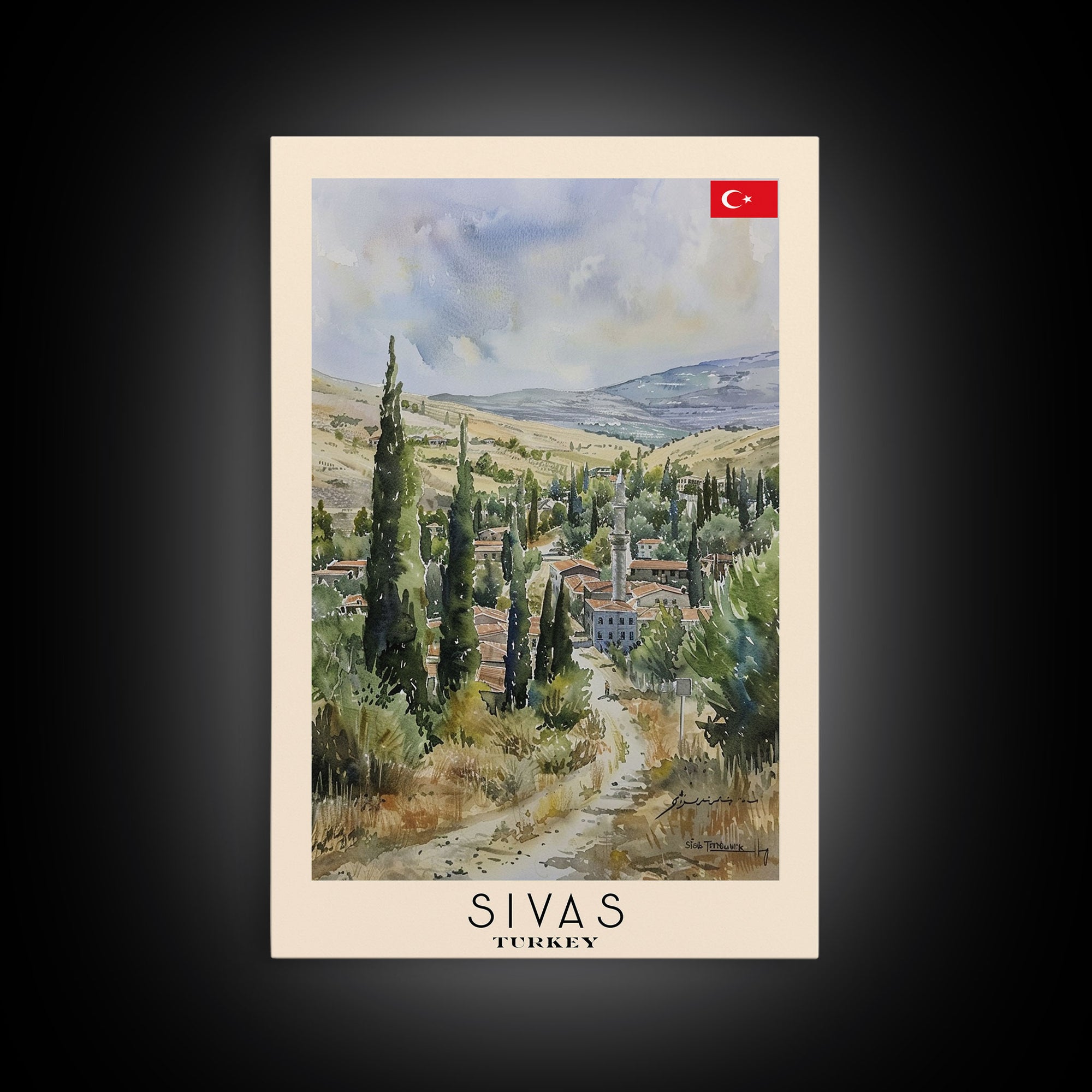 Sivas Turkey Travel Poster Framed Canvas Print, Watercolor Painting, Scenic Wall Art, Home Decor, Turkish Landscape, Modern Art