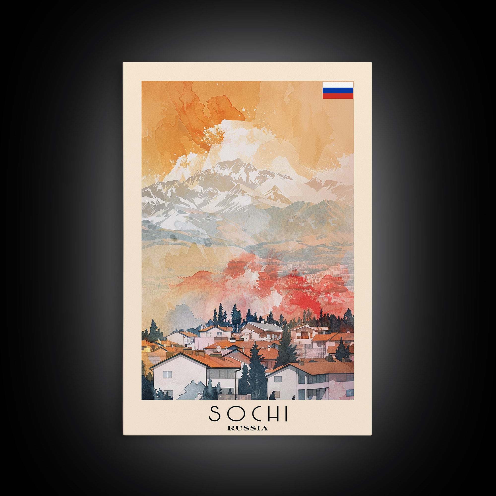 Sochi Russia Travel Poster Framed Canvas Print, Watercolor Painting, Coastal Wall Art, Home Decor, Russian Seaside, Vibrant Art