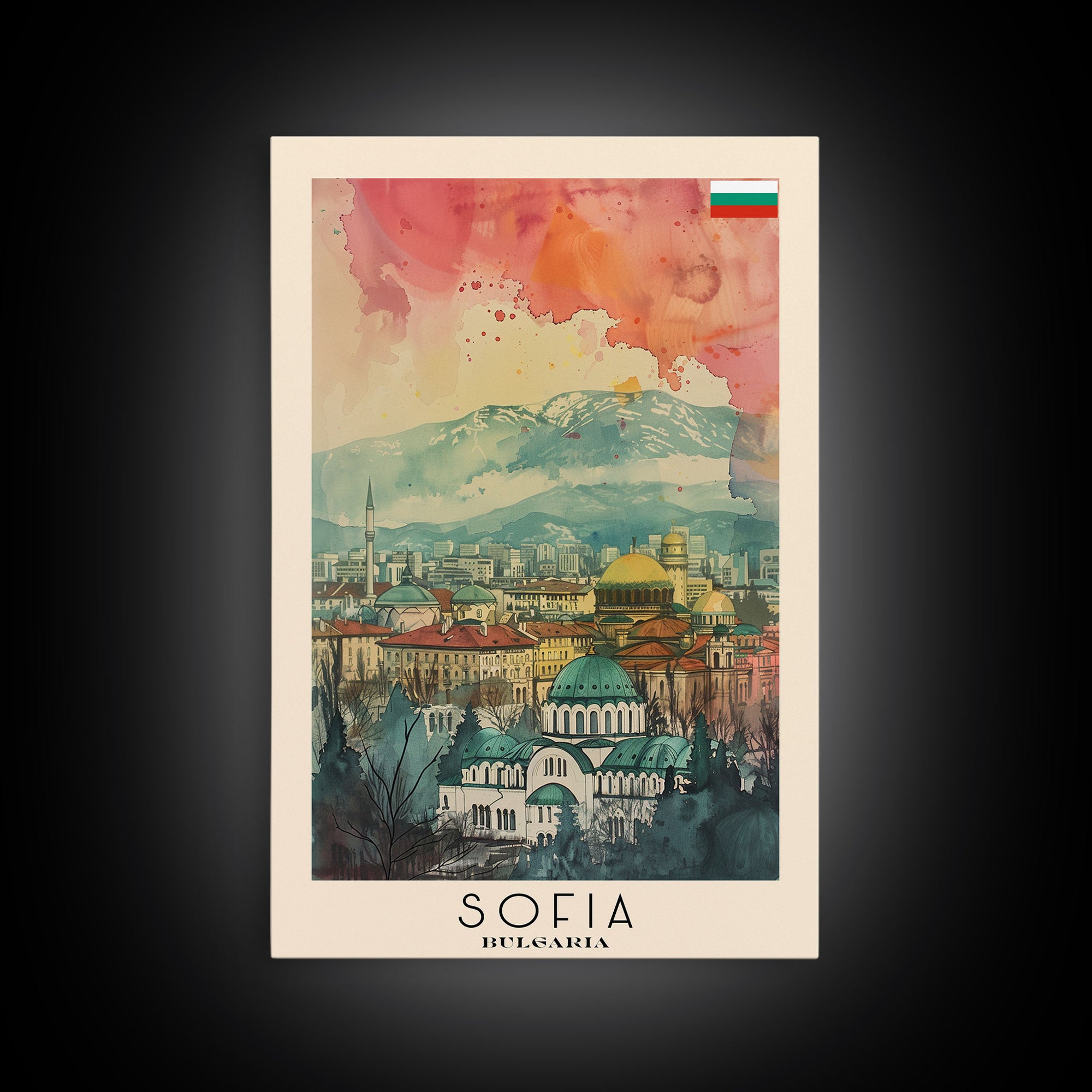 Sofia Bulgaria Travel Poster Framed Canvas Print, Watercolor Painting, Scenic Wall Art, Home Decor, Bulgarian Cityscape, Modern Decor