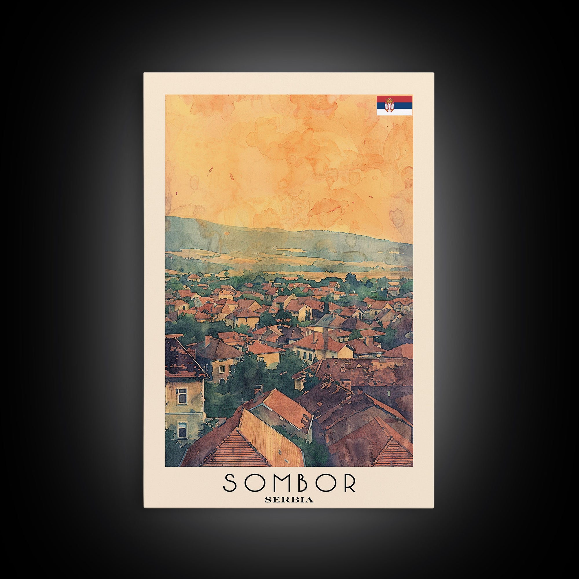 Sombor Serbia Travel Poster Framed Canvas Print, Watercolor Painting, Scenic Wall Art, Home Decor, Serbian Landscape, Classic Art