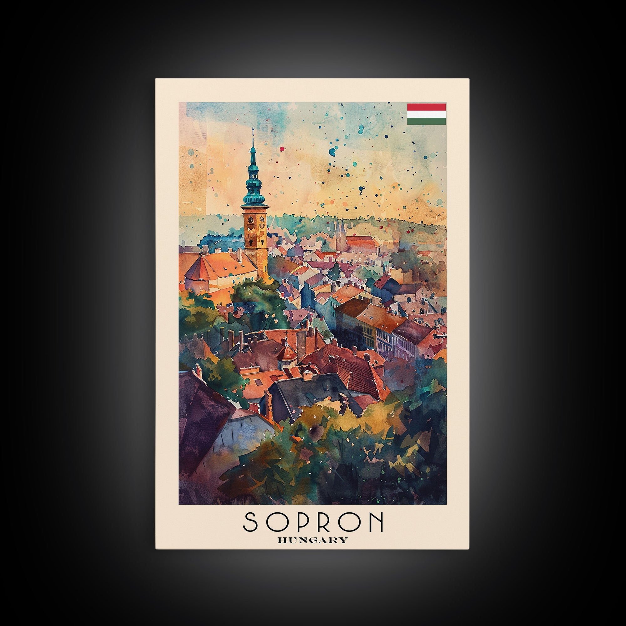 Sopron Hungary Travel Poster Framed Canvas Print, Watercolor Painting, Scenic Wall Art, Home Decor, Hungarian Cityscape, Artistic Art