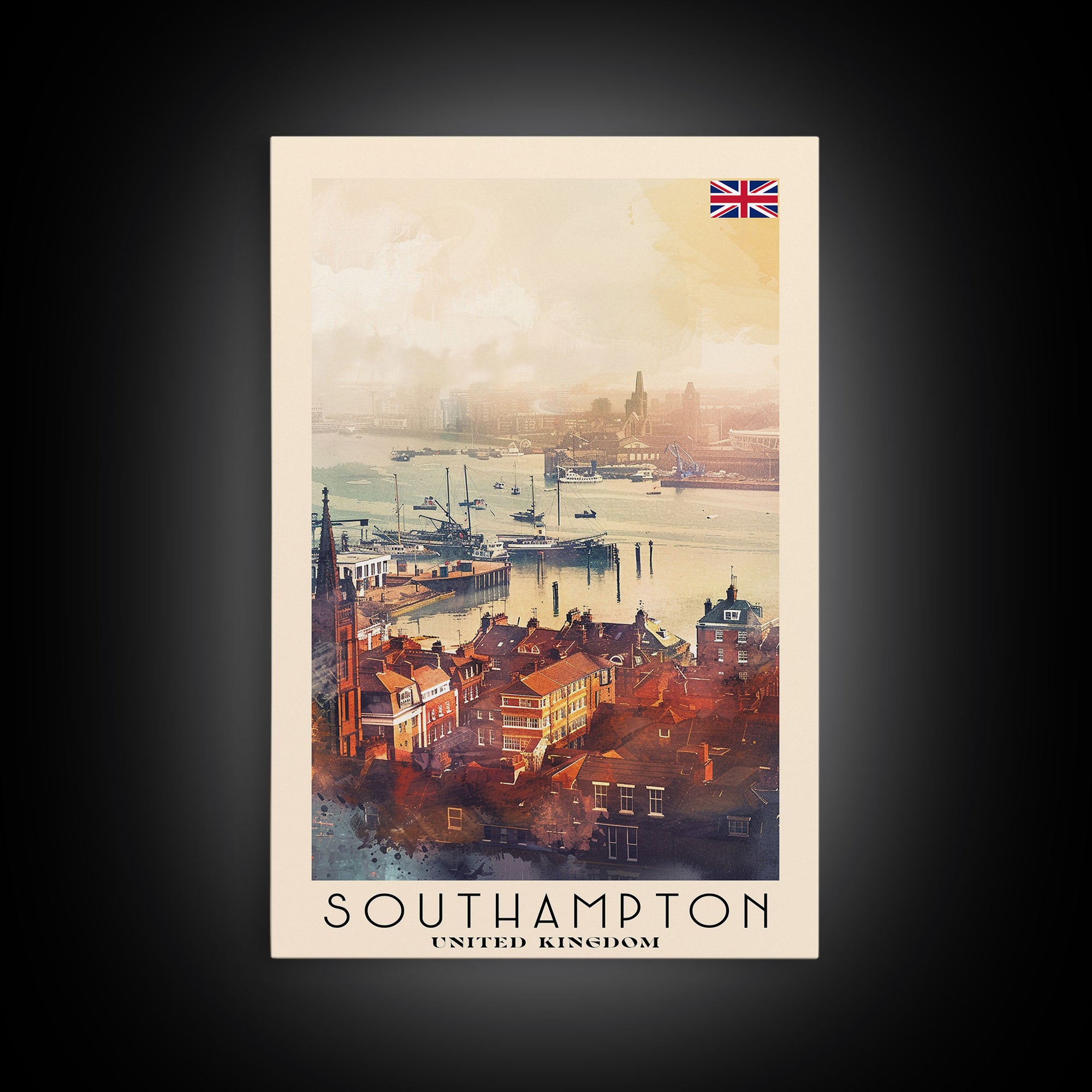 Southampton United Kingdom Travel Poster Framed Canvas Print, Watercolor Painting, Coastal Wall Art, Home Decor, British Seaside, Vibrant Decor