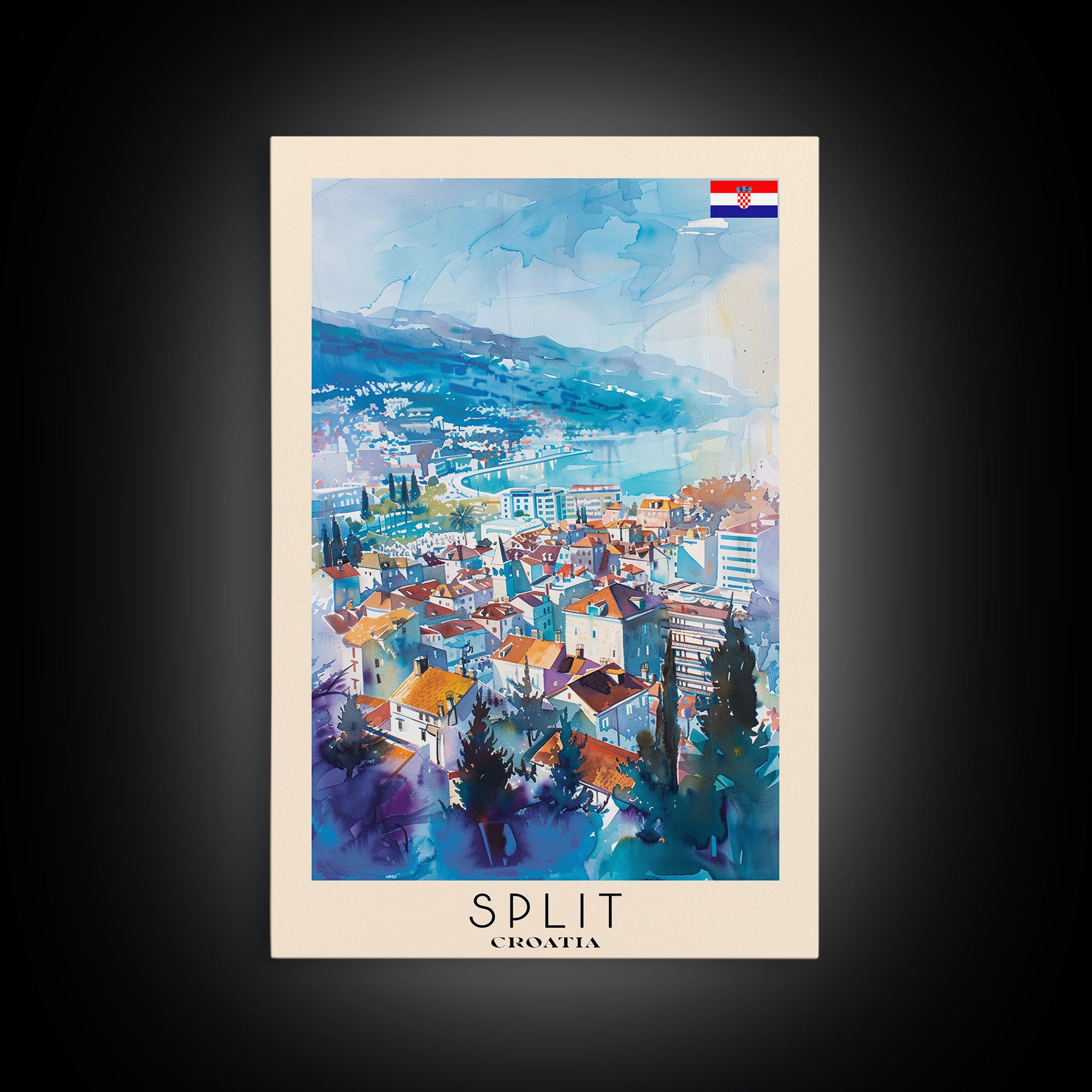 Split Croatia Travel Poster Framed Canvas Print, Watercolor Painting, Coastal Wall Art, Home Decor, Croatian Seaside, Modern Decor