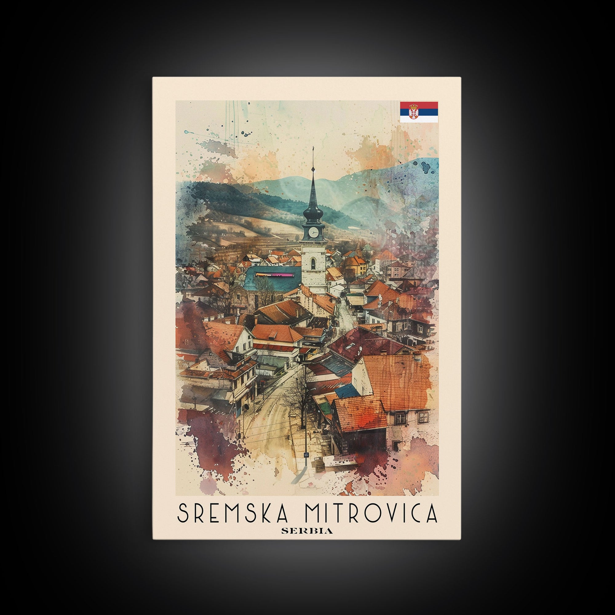 Sremska Mitrovica Serbia Travel Poster Framed Canvas Print, Watercolor Painting, Scenic Wall Art, Home Decor, Serbian Landscape, Artistic Decor