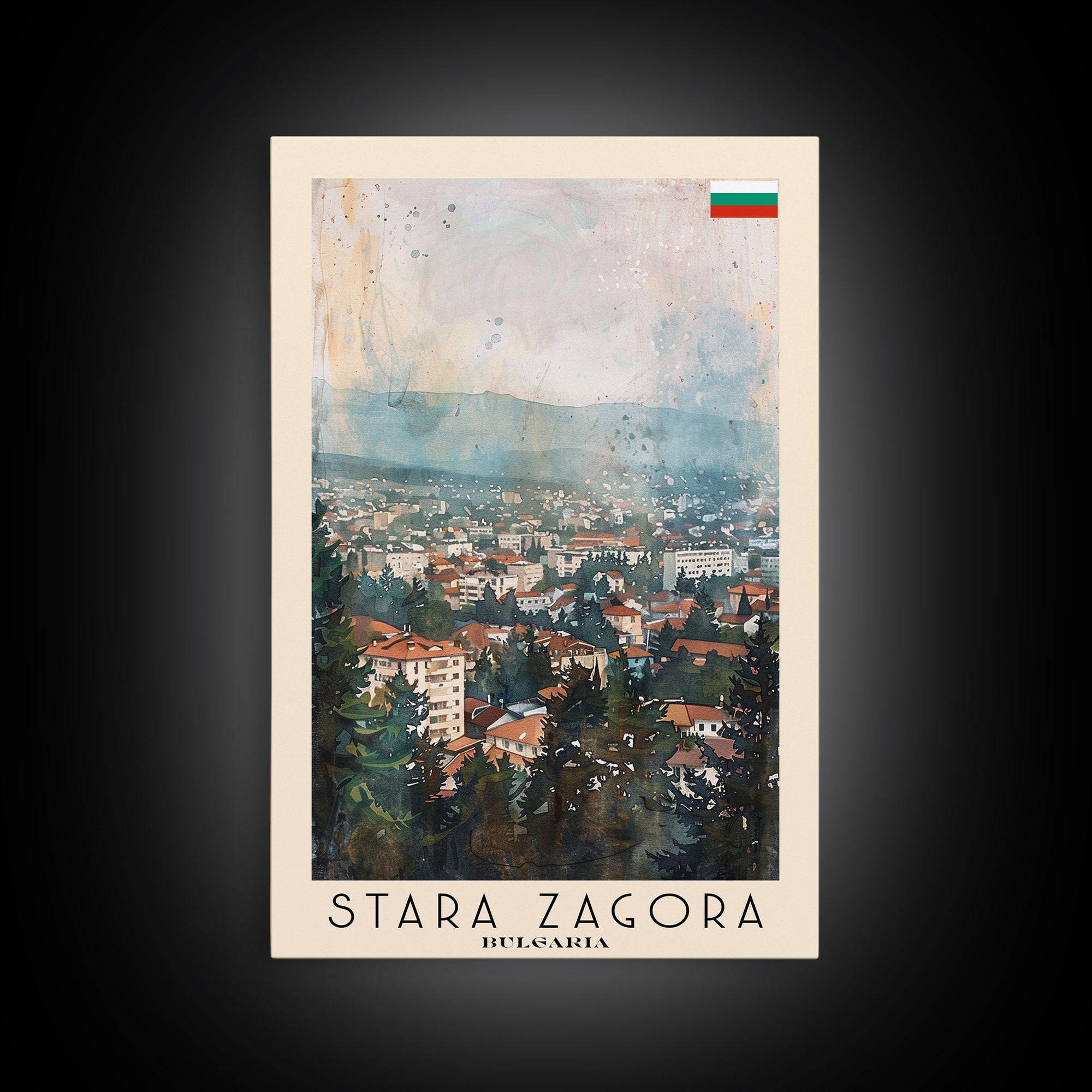 Stara Zagora Bulgaria Travel Poster Framed Canvas Print, Watercolor Painting, Scenic Wall Art, Home Decor, Bulgarian Landscape, Modern Art