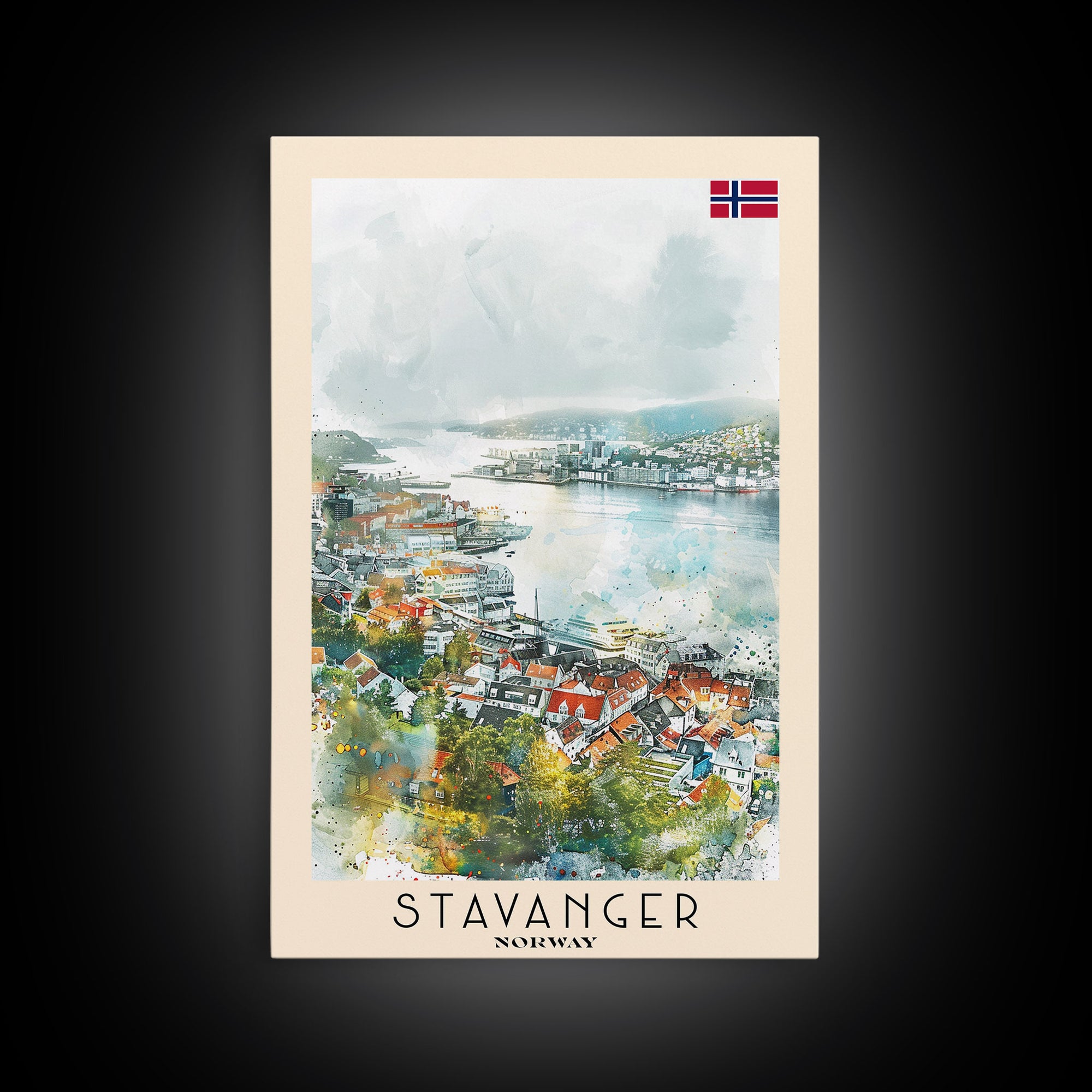 Stavanger Norway Travel Poster Framed Canvas Print, Watercolor Painting, Coastal Wall Art, Home Decor, Norwegian Seaside, Nautical Decor