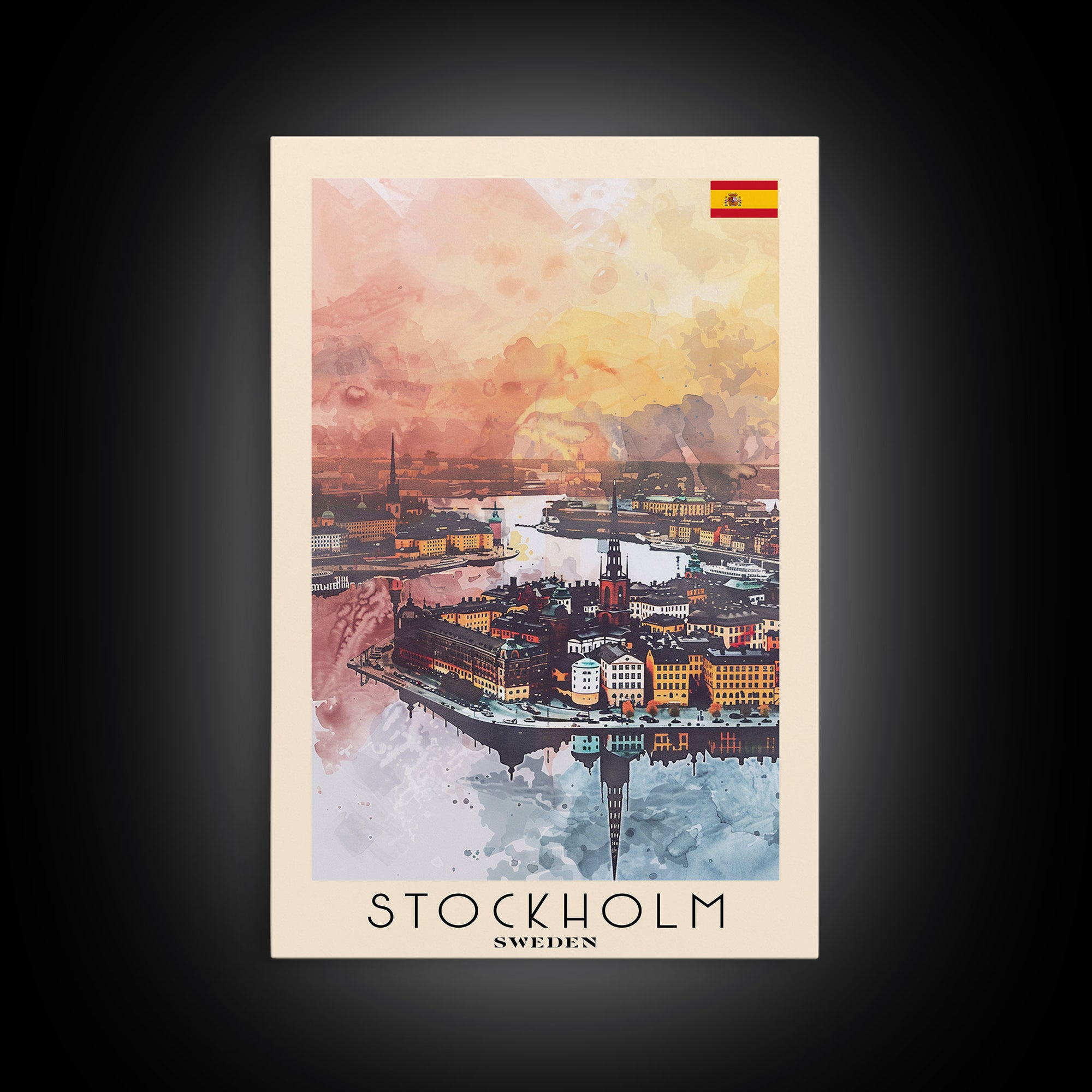 Stockholm Sweden Travel Poster Framed Canvas Print, Watercolor Painting, Scenic Wall Art, Home Decor, Swedish Cityscape, Contemporary Art