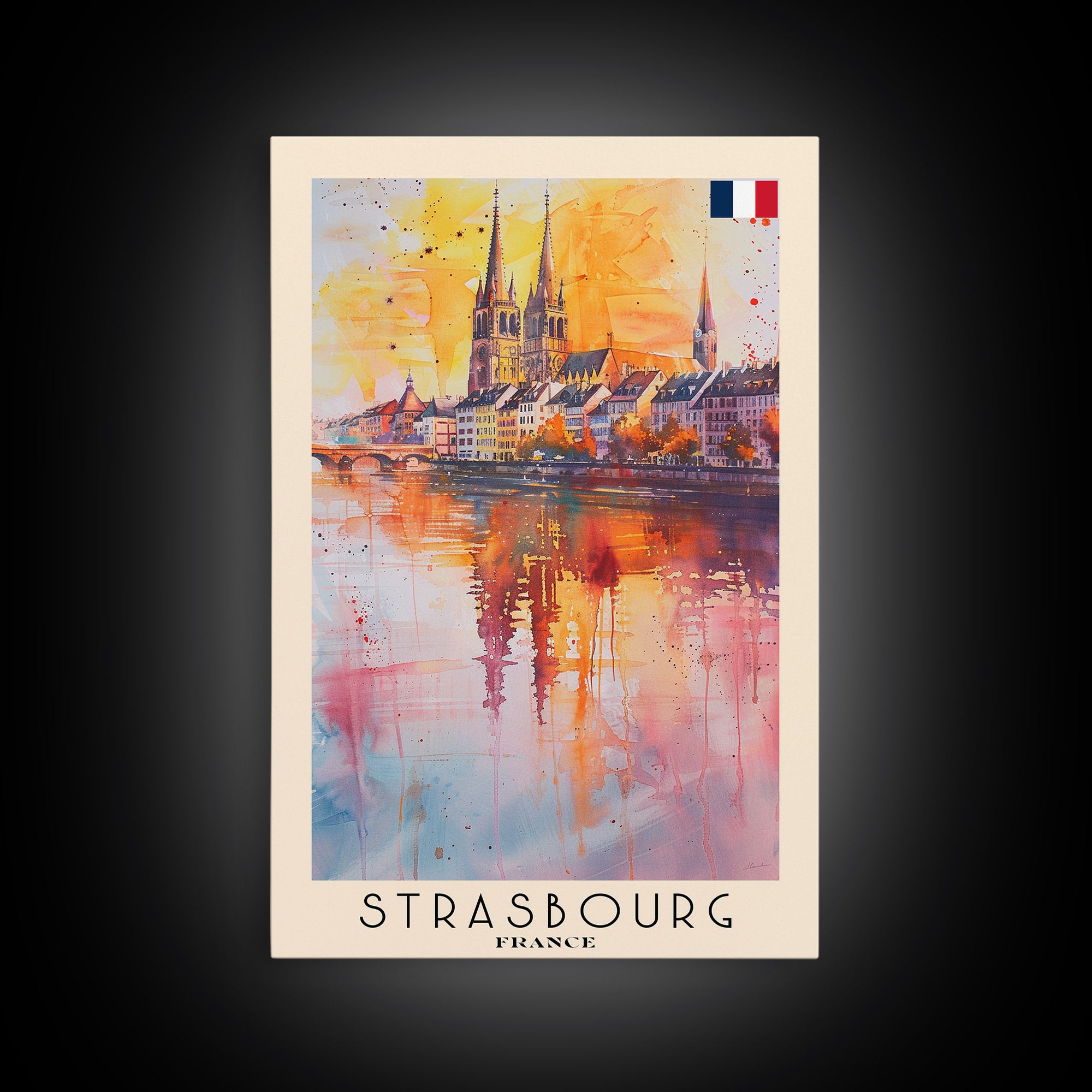 Strasbourg France Travel Poster Framed Canvas Print, Watercolor Painting, Historic Wall Art, Home Decor, French Architecture, Chic Decor