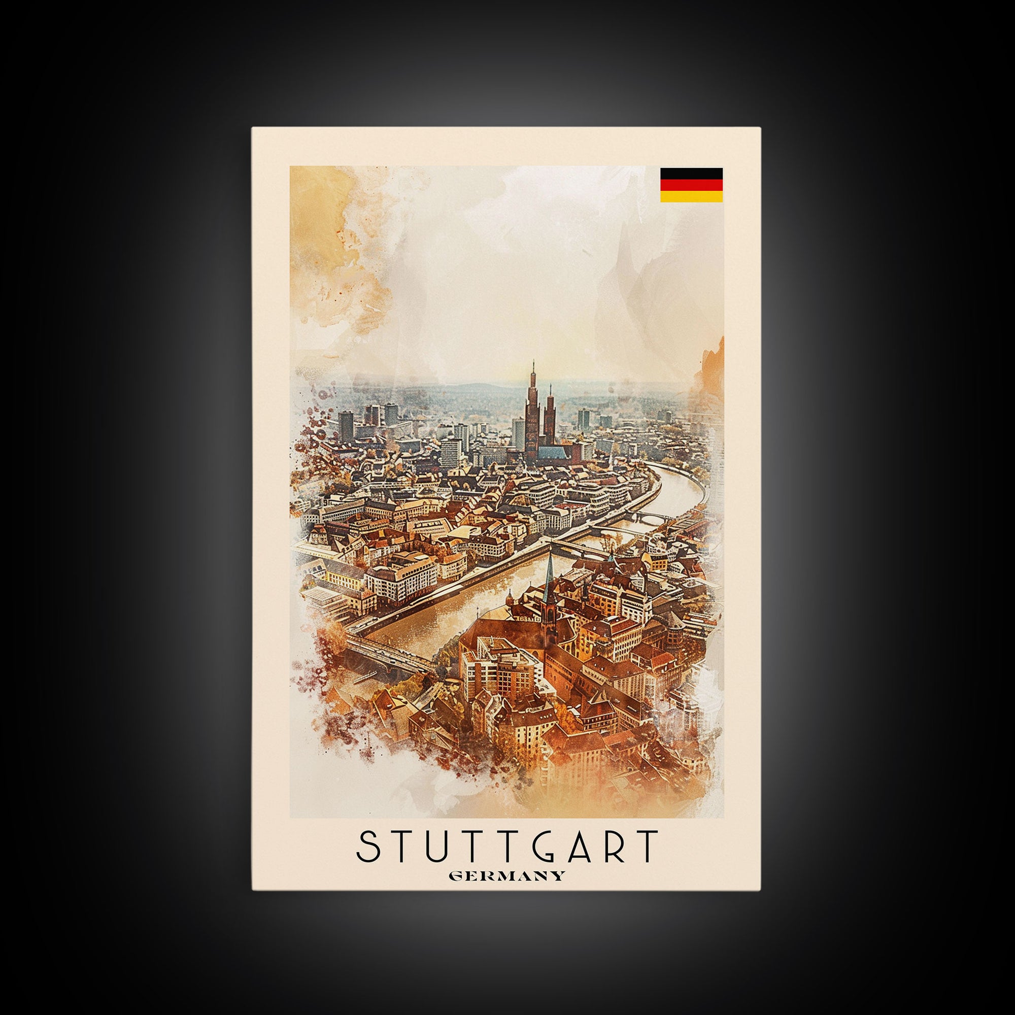 Stuttgart Germany Travel Poster Framed Canvas Print, Watercolor Painting, Urban Wall Art, Home Decor, German Cityscape, Modern Art