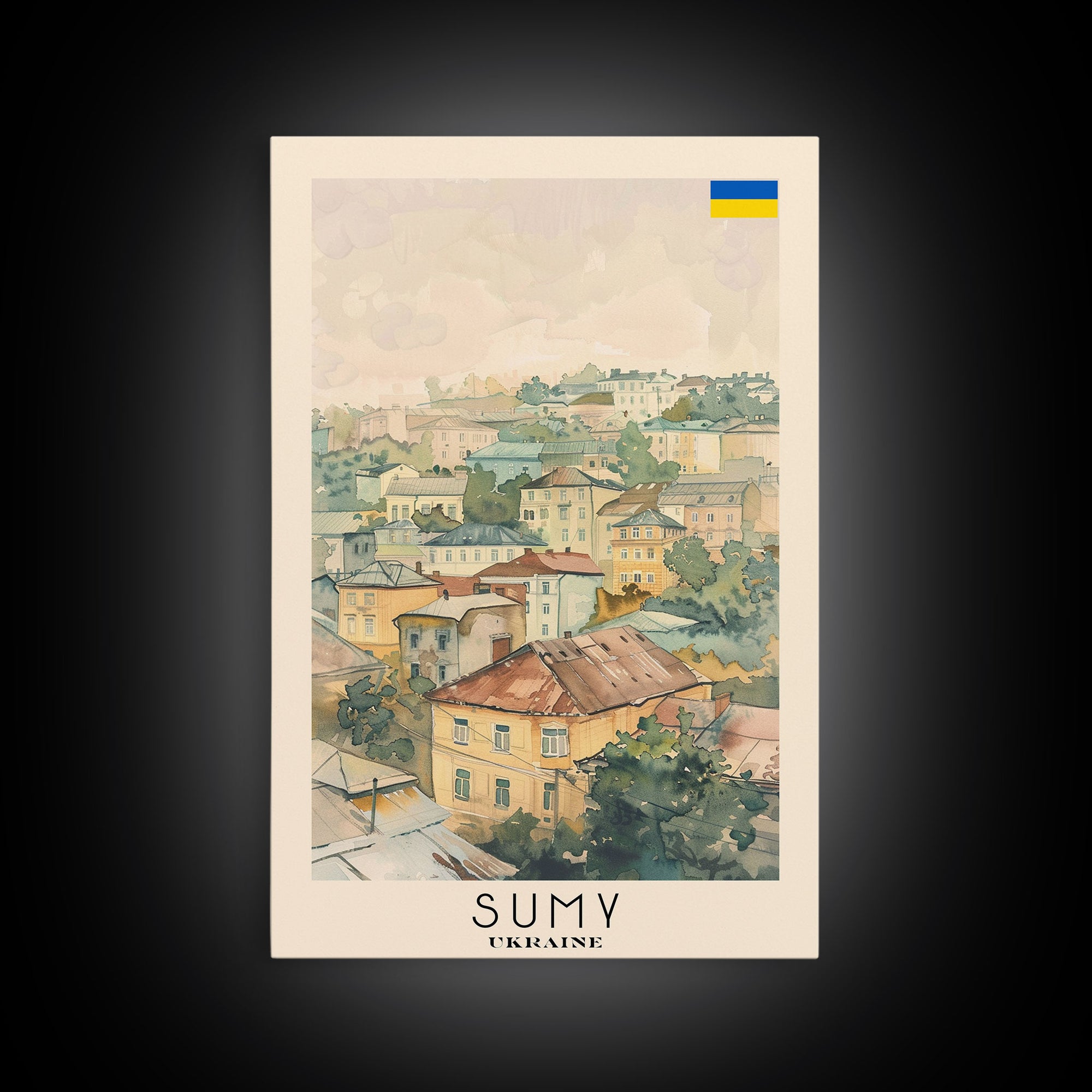 Sumy Ukraine Travel Poster Framed Canvas Print, Watercolor Painting, Scenic Wall Art, Home Decor, Ukrainian Landscape, Bohemian Decor